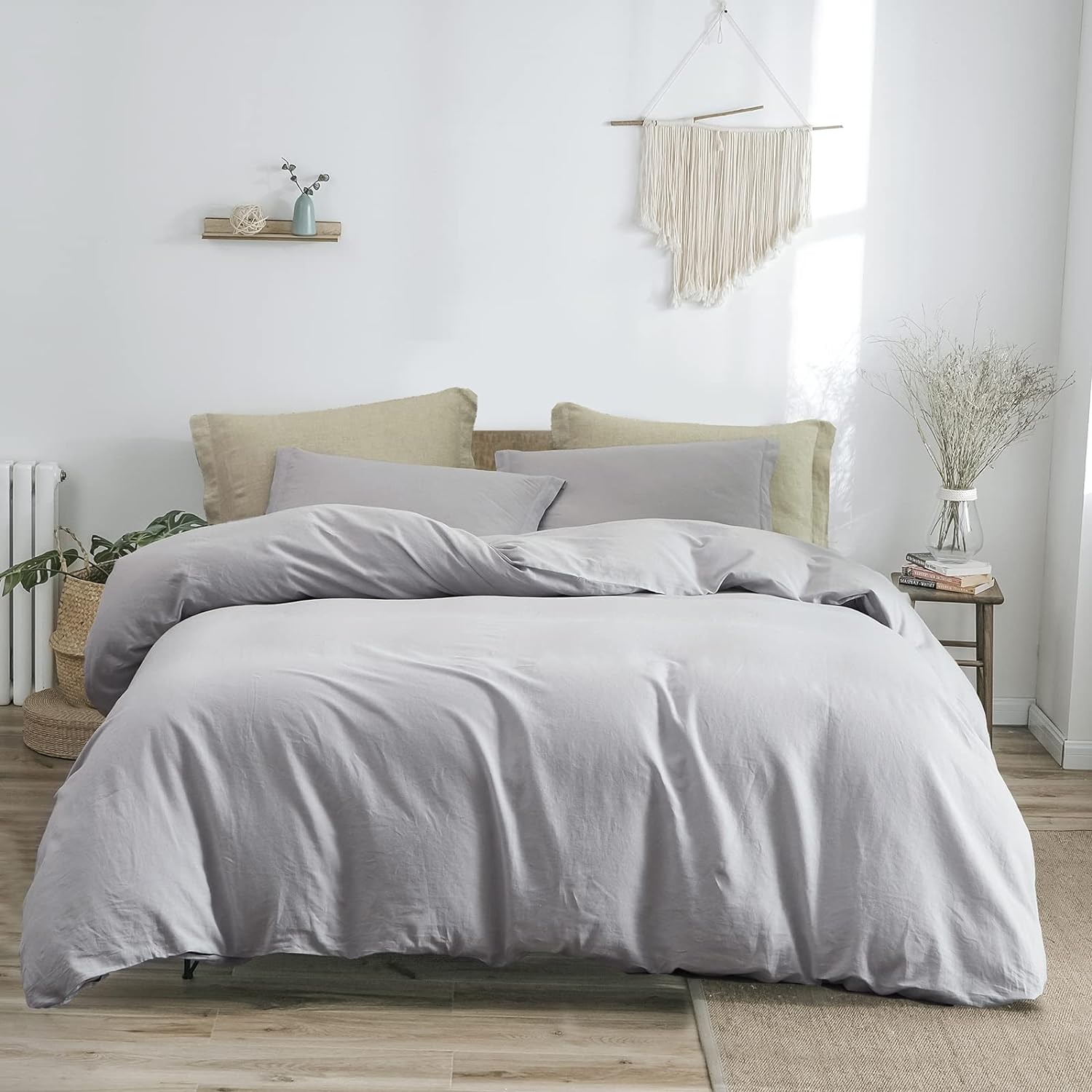 PHF Linen Duvet Cover Set Queen, Upgraded French Linen Blend Duvet Cover Set, Comfy Elegant Comforter Cover Set for Hot Sleepers, 1 Duvet Cover and 2 Pillowshams, 90x 92, Light Grey