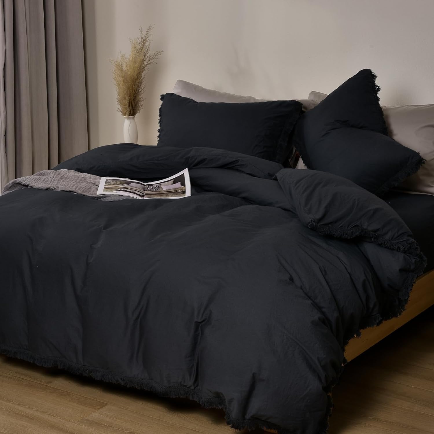 PHF 100% Washed Cotton Duvet Cover Twin Size, Ultra Soft Cotton Tassel Linen Like Duvet Cover Set, 2pcs Breathable Durable Duvet Cover with Pillowcase for All Seasons, 68x90, Black