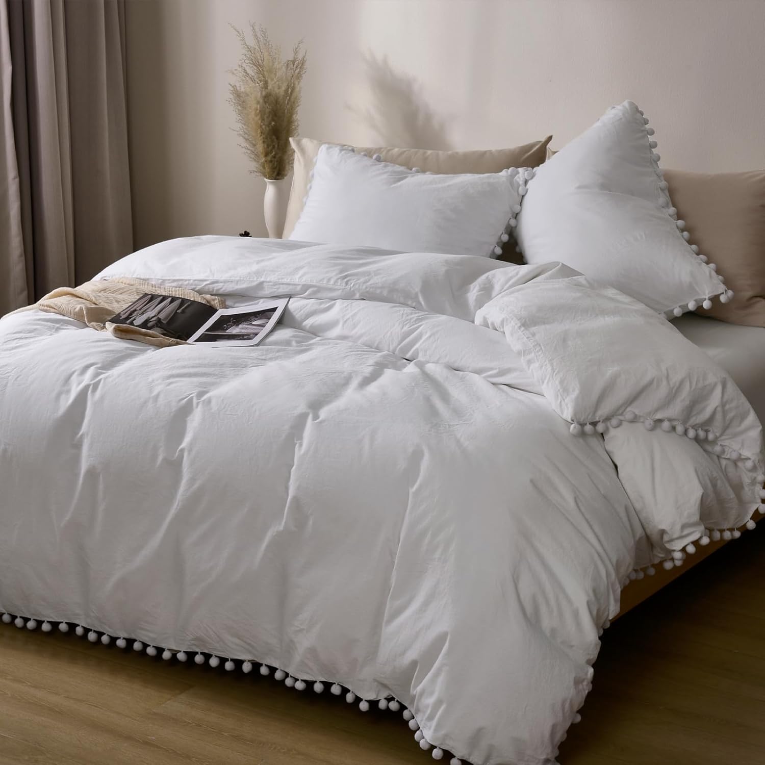 PHF 100% Washed Cotton Duvet Cover King Size, Ultra Soft Cotton Pom Pom Linen Like Duvet Cover Set, 3pcs Breathable Durable Duvet Cover with Pillowcases for All Seasons, 104x90, White