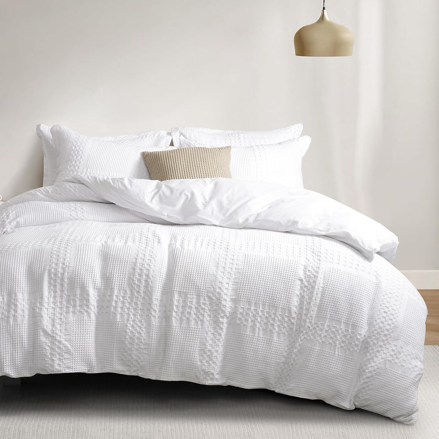 PHF 100% Cotton Duvet Cover Queen Size, Waffle Weave Duvet Cover Set for All Season, Pre-Washed Soft Decorative Textured Duvet Cover with Pillow Shams Bedding Collection, 90x92, White