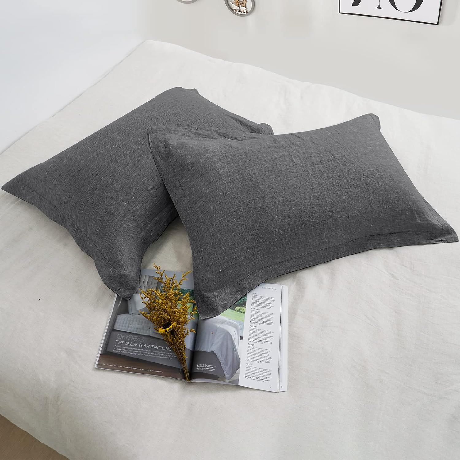 PHF 100% Linen Pillowcases Standard Size, Set of 2, No Insert, Washed French Flax Pillow Cases with Envelope Closure, Luxurious Breathable Comfy Pillow Shams, 20 X 26, No Filling, Charcoal Grey