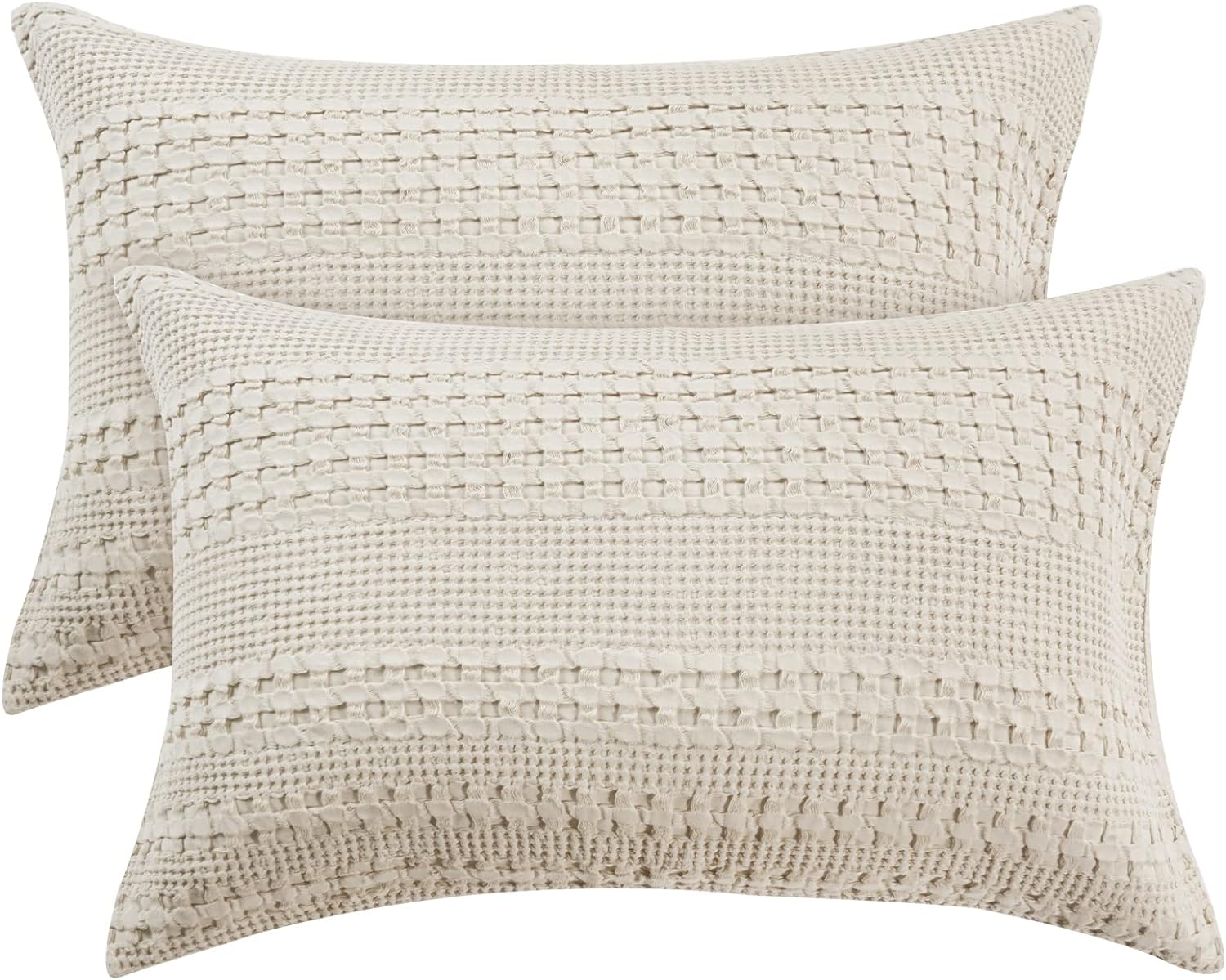 PHF 100% Cotton Waffle Pillowcases Queen Size, 2 Pack Soft Breathable Skin-Friendly Pillow Sham, Decorative Waffle Weave Pillow Case Covers, 20 X 30, No Filling, Linen-Natural