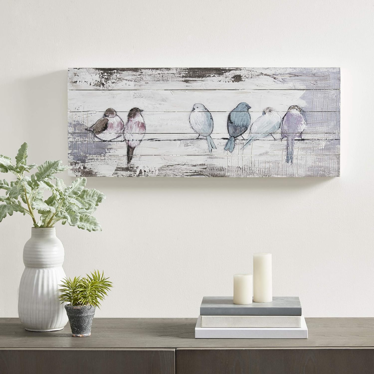 Madison Park Perched Birds Wall Art Living Room Dcor - Hand Painted Wood Plank, Home Accent Farmhouse Bathroom Decoration White/Grey,30W x 12H x 1.5D