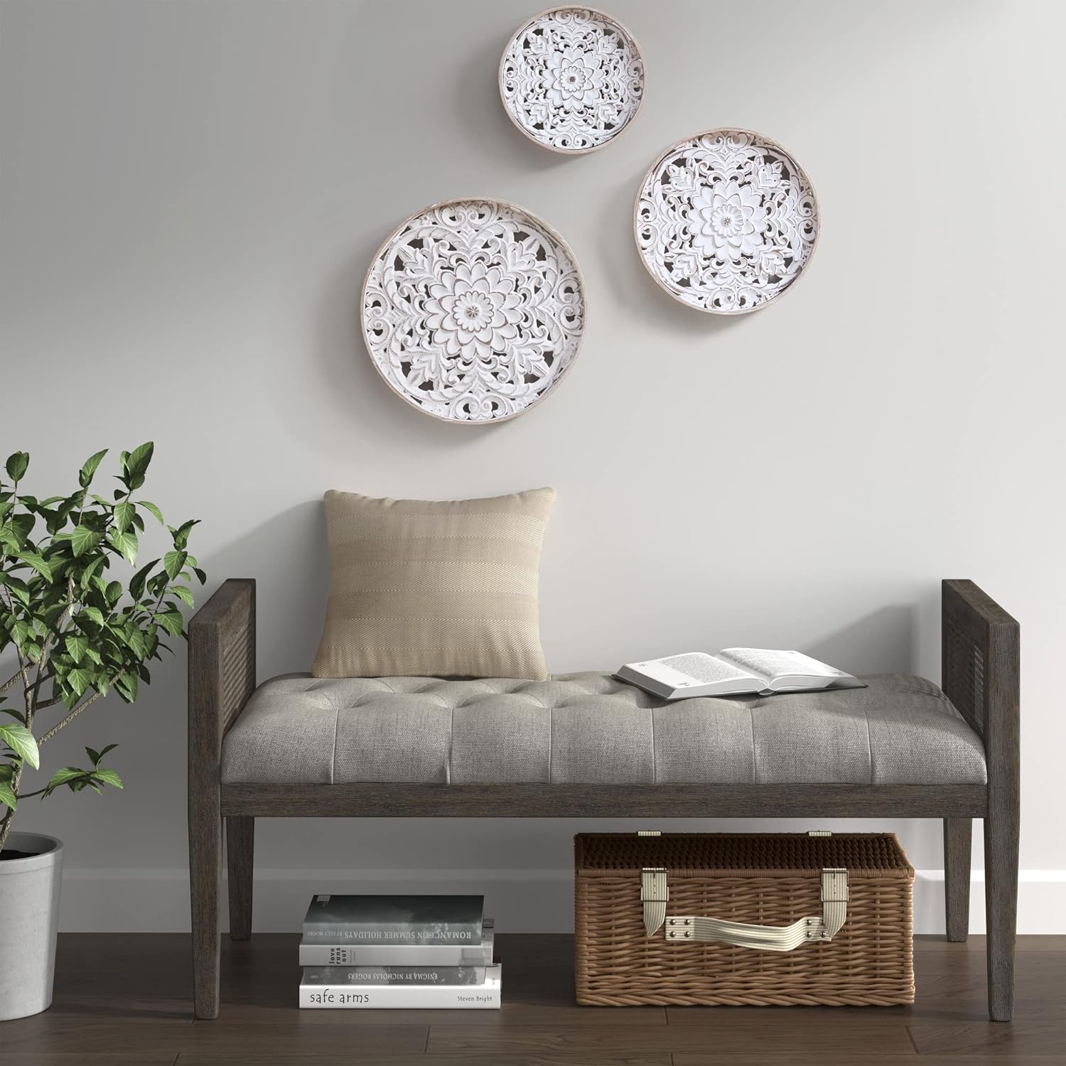 Madison Park Wall Art Living Room Dcor - Medallion Trio Real Fir Wood Round Design, Home Accent Modern Kitchen Dining Decoration, Ready to Hang Panel for Bedroom, Multi-Sizes, Natural/White 3 Piece