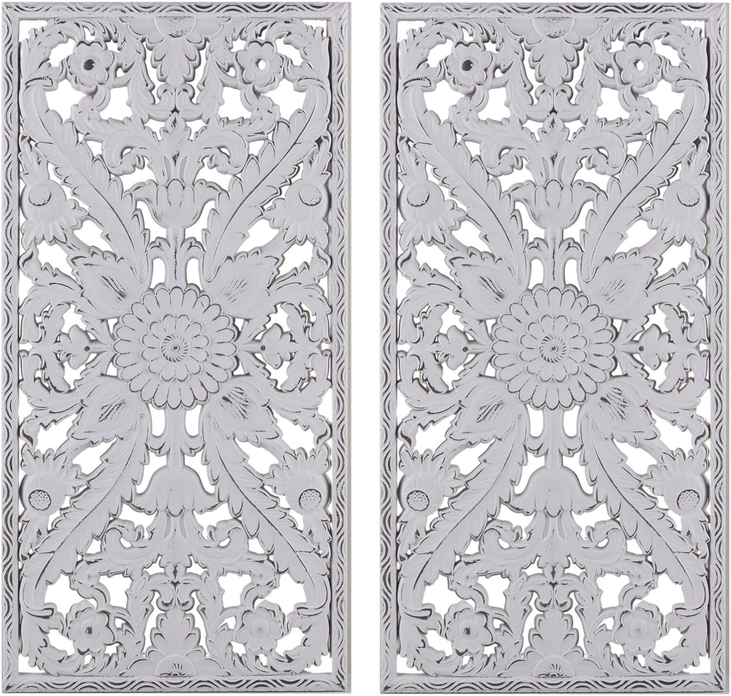 Madison Park Wall Art Living Room Dcor - Vintage Botanical Carved Wooden Panel Home Accent Bathroom Decoration Ready to Hang Frames for Bedroom, 15.75 W x 31.5 L x 0.59 D, White 2 Piece