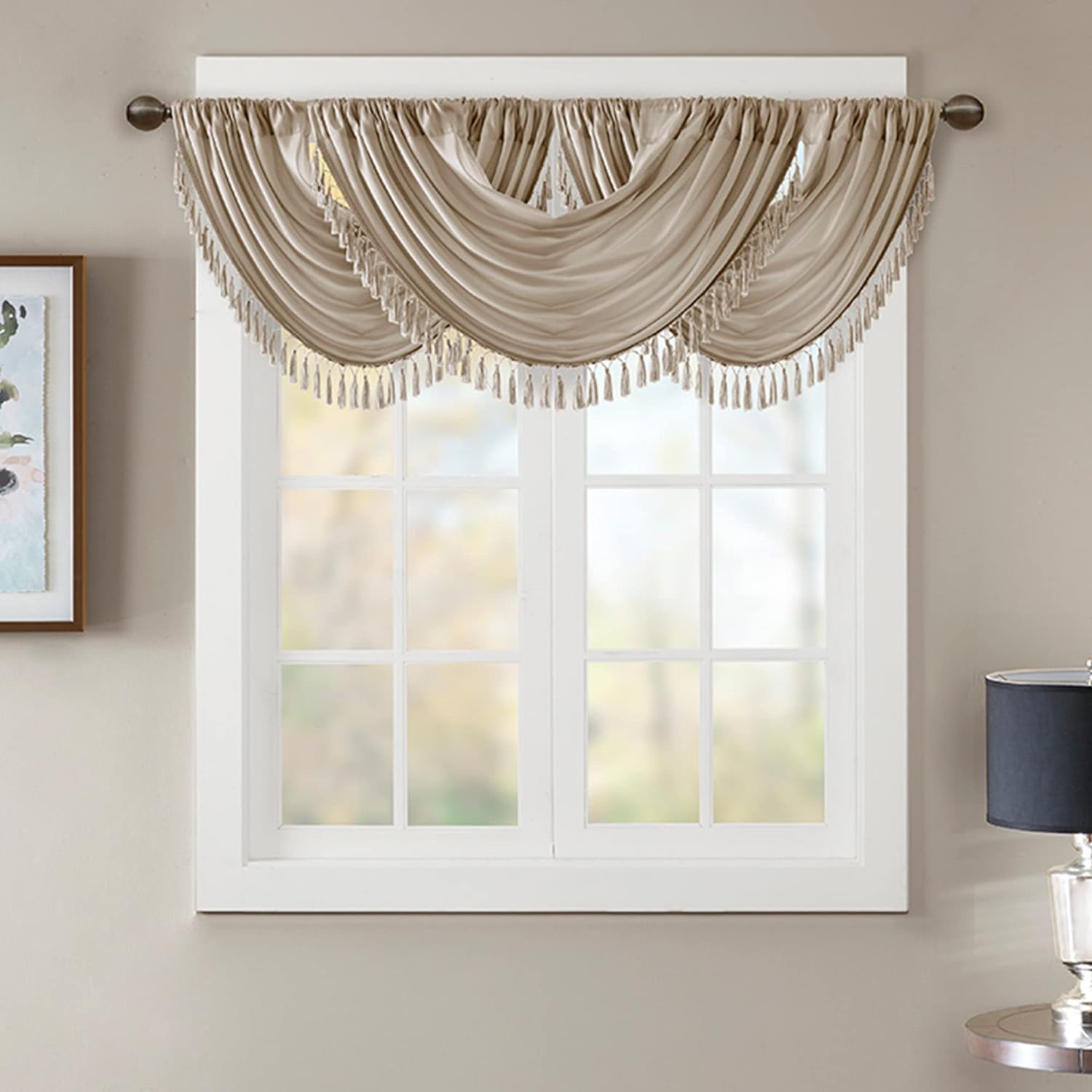 Madison Park Elena Waterfall Embellished Rod Pocket Valance , Faux Silk Valances for Window , 38X46 , Champagne