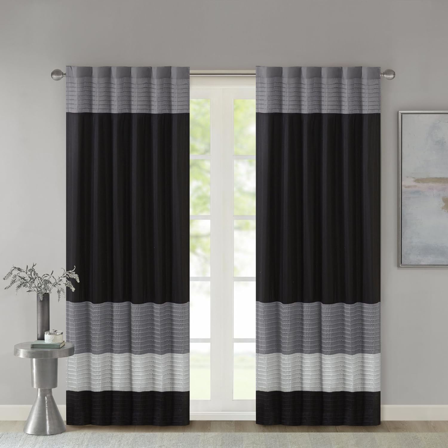 Madison Park Amherst Single Panel Faux Silk Rod Pocket Curtain With Privacy Lining for Living Room, Window Drape for Bedroom and Dorm, 50x84, Black