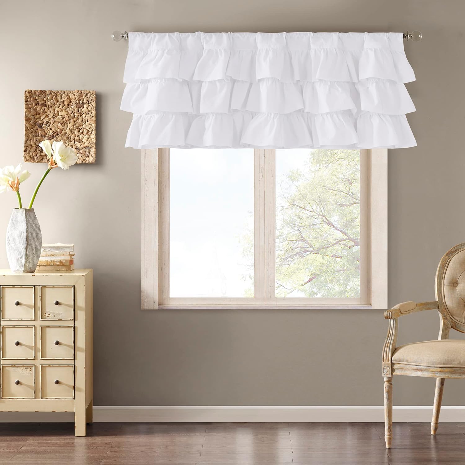 Madison Park Anna Oversized Ruffle Rod Pocket Valance , Classic Vintage Cotton Valances for Window , 50X18 , White