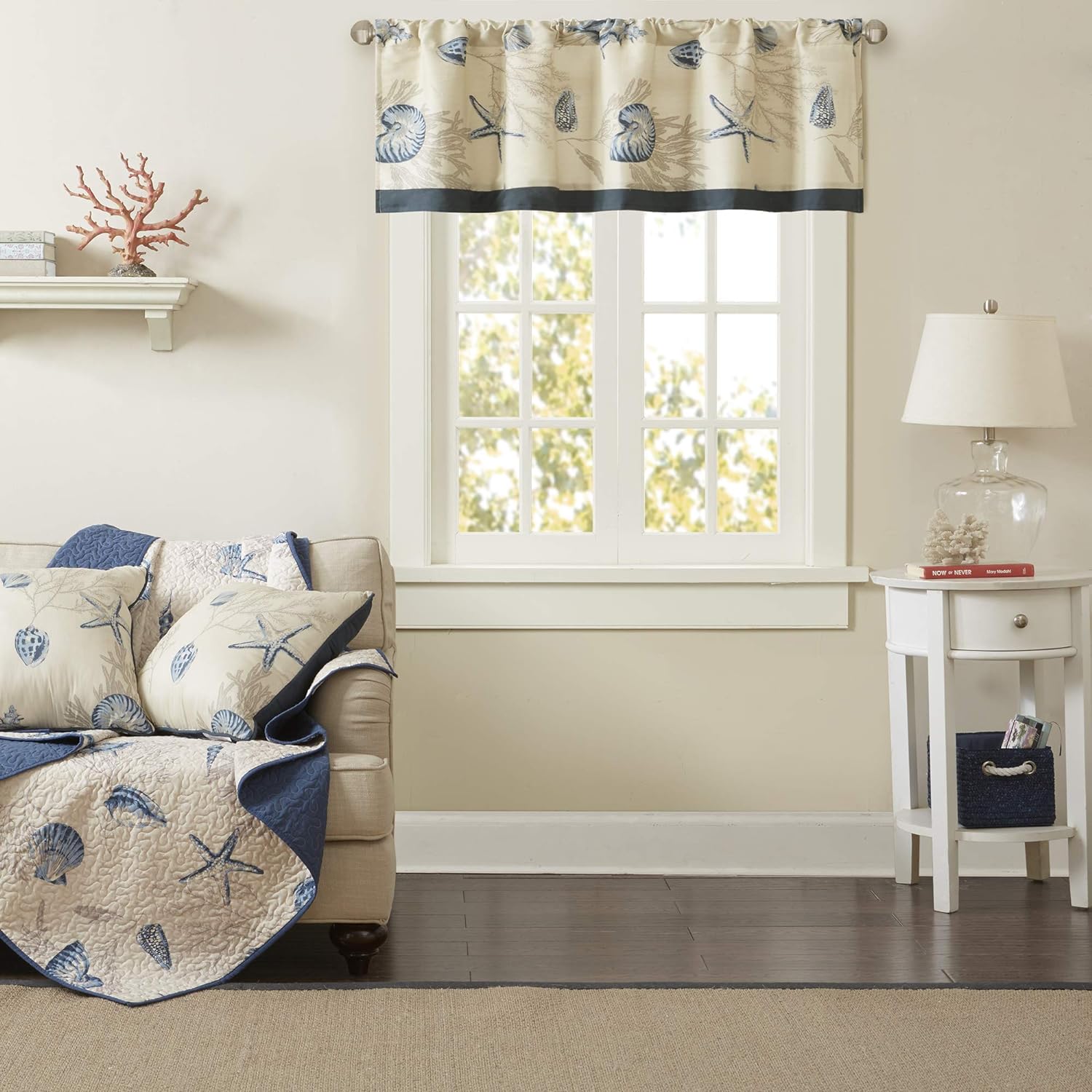 Madison Park Bayside Printed Ivory Navy Window Valance , Cotton Printed Rod Pocket Valances for Windows , 50X18 , Dark Blue