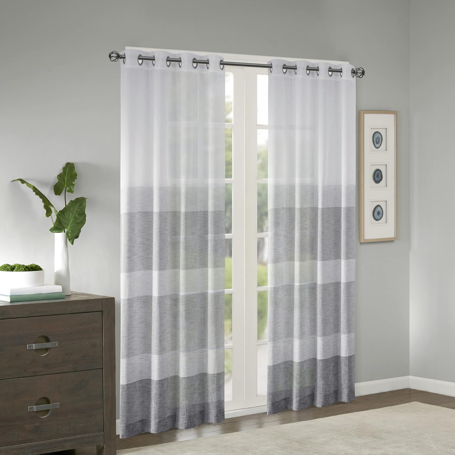 Madison Park Hayden Striped Sheer Woven Faux Linen Curtain for Bedroom, Modern Contemporary Window Treatment for Living Room with Grommet, 1-Single Panel Pack, 50x84, Grey