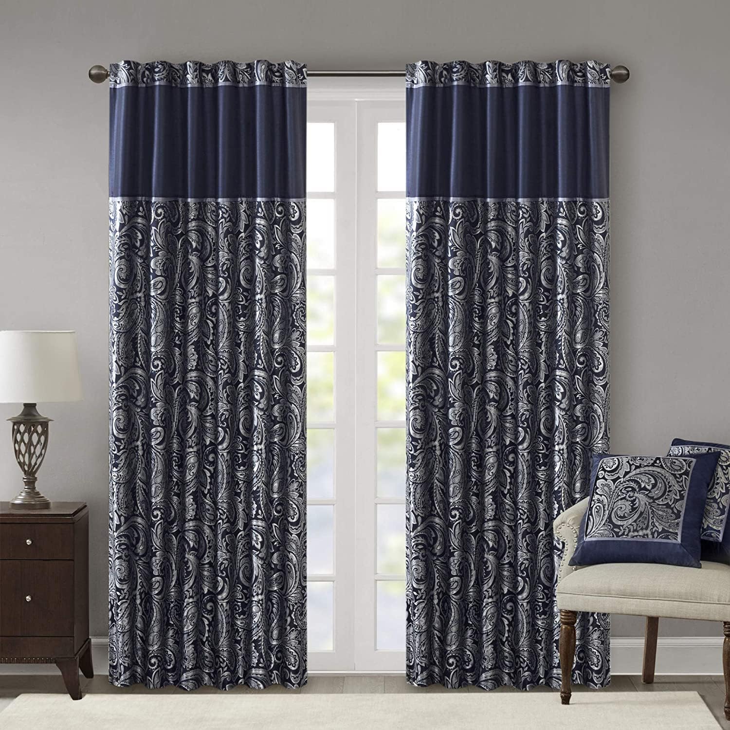 Madison Park - MP40-4896 Aubrey Faux Silk Paisley Jacquard, Rod Pocket Curtain with Privacy Lining for Living Room, Kitchen, Bedroom and Dorm, 50 x 84, Navy