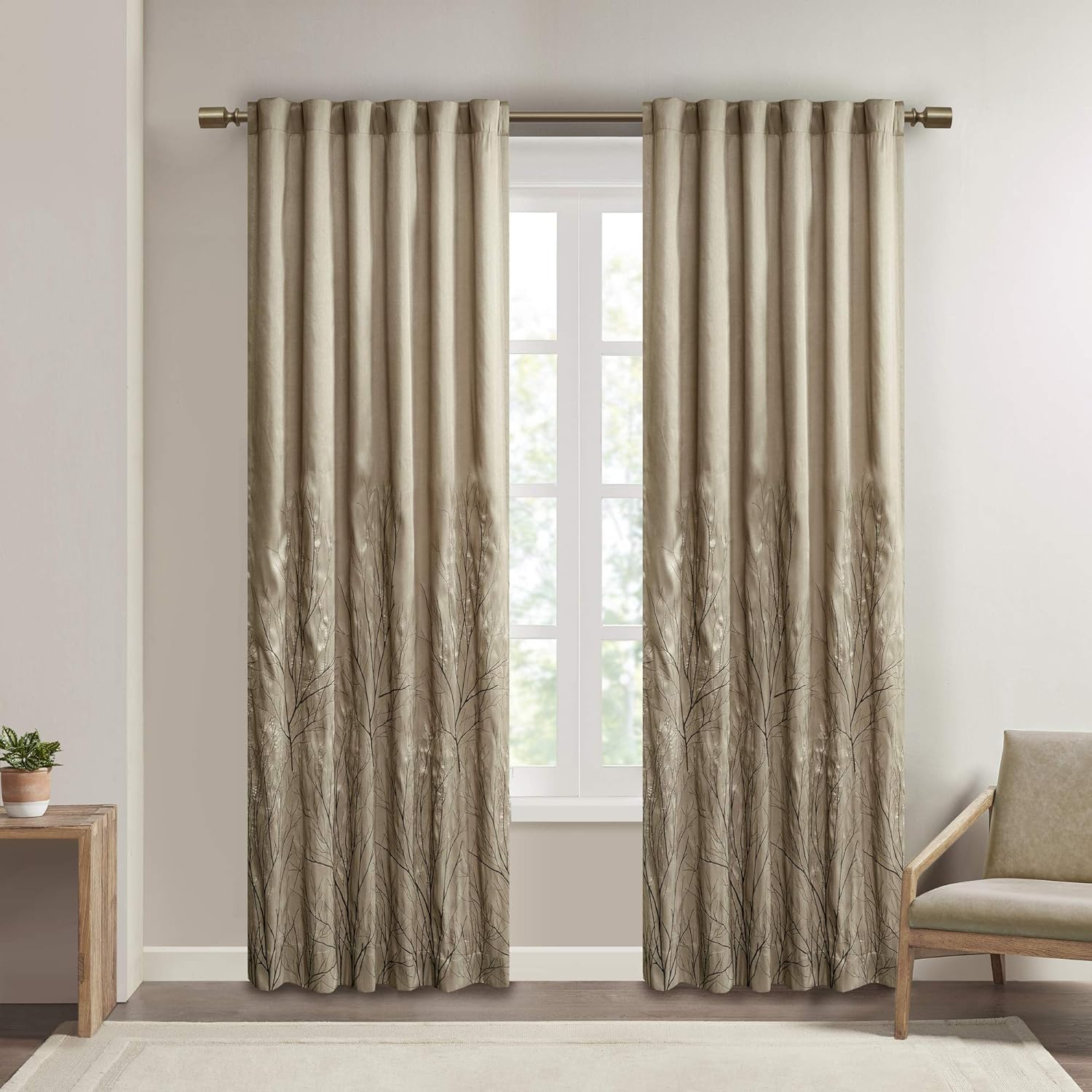 Madison Park Tan Curtains For Living Room , Transitional-Rod Pocket Light Curtains For Bedroom , Andora Embroidered Back Tab Fabric Window Curtains , 50 x 84, 1-Panel Pack