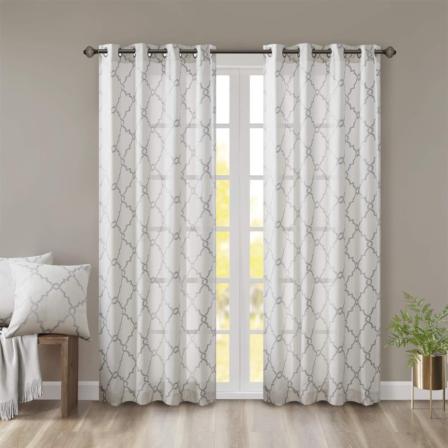 Madison Park Saratoga Single Window Curtain Light Filtering Fretwork Print 1 Panel Grommet Top Drape/Valance for Living Room Bedroom and Dorm, 84x50, Ivory/Grey