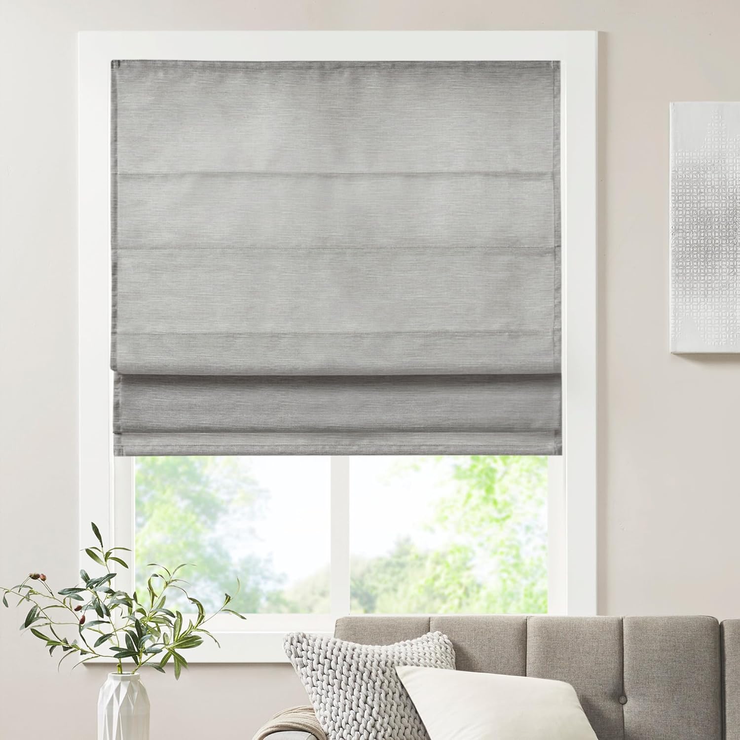 Madison Park Cordless Roman Shades - Fabric Privacy Single Panel Darkening, Energy Efficient, Thermal Insulated Window Blind Treatment, for Bedroom, Living Room Decor, 33x64, Como, Grey