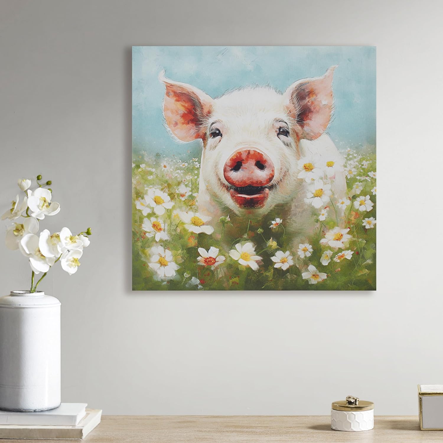 Madison Park Farm Animal Wall Art, Botanical Animal Canvas Wall Decor for Bedroom, Floral Printed And Stretched On Wooden Frame, Ready To Hang, Nursery, Living Room Dcor - Pig Sunshine Animals