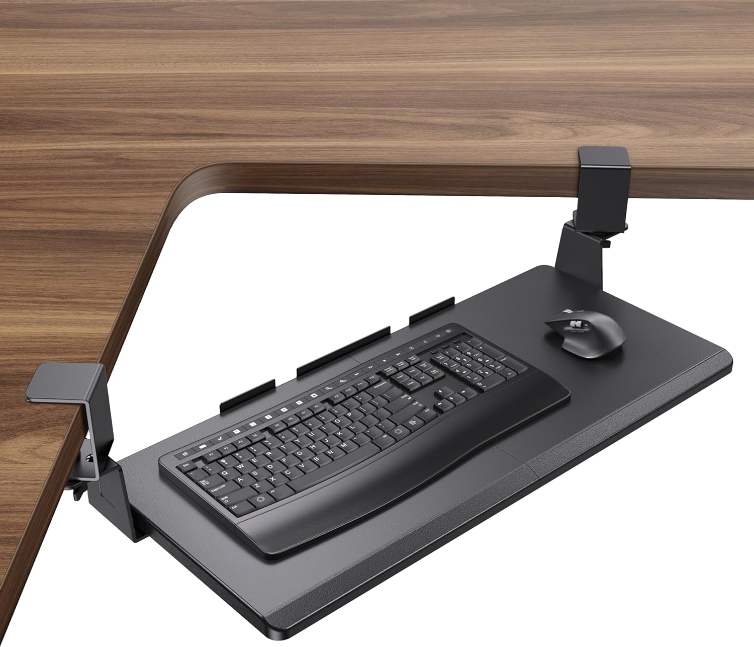 HUANUO Keyboard Tray Under Desk, Ergonomic Corner Keyboard Tray with 45 Adjustable C Clamp for L Shaped Desk, Slide Out Computer Keyboard & Mouse Tray, 26.38 W x 11.69 D, Black