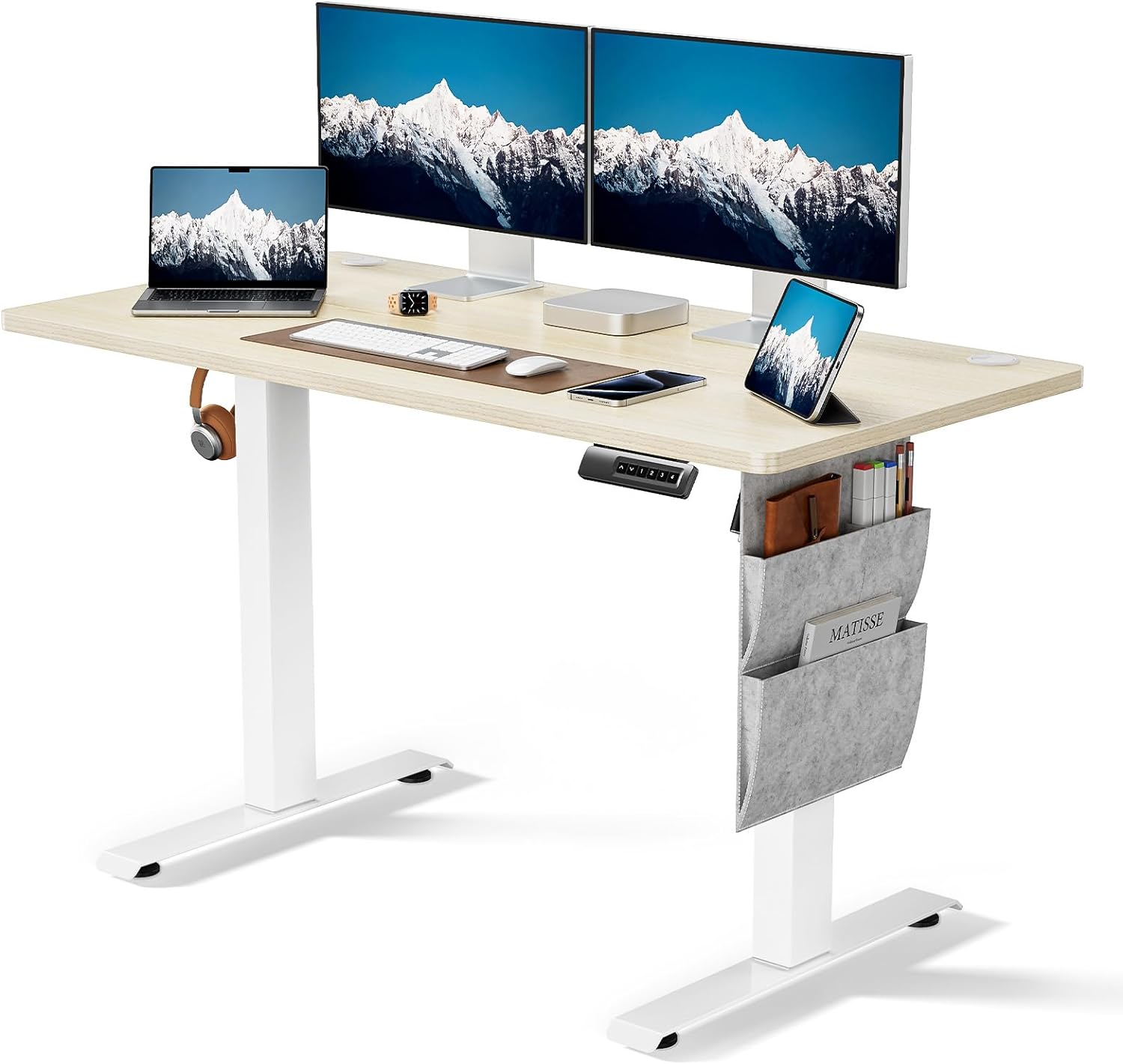 HUANUO Electric Standing Desk Adjustable Height, 48x24 Sit Stand Up Desk with Storage Bag, 4 Memory Presets, for Home Office, Natural Wood