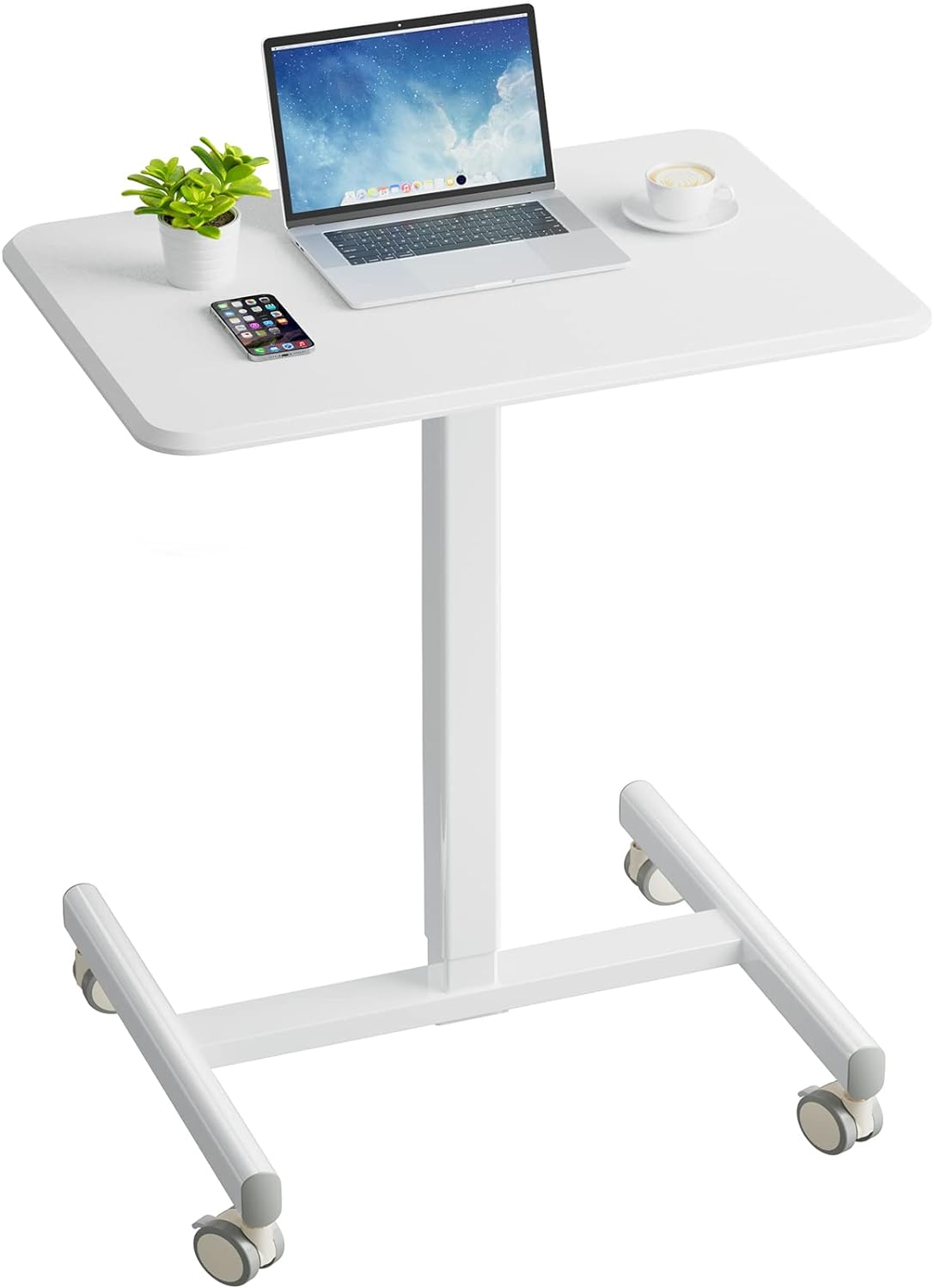 HUANUO 27.2 x 19 Inch Mobile Standing Desk Adjustable Height, Mobile Laptop Desk Support up to 55LBS, Standing Rolling Desk with Gas Spring, Computer Workstation with Wheels for Home and Office