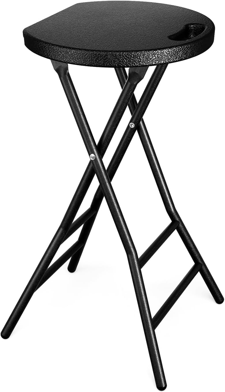 YOMT Folding Stool Portable Chair, 24 Inch Height Metal and Plastic Counter Stool Round Camping Stool with 300lbs Capacity, Indoor Outdoor Use for Kitchen Dorm Fishing Travel, Black, Set of 1