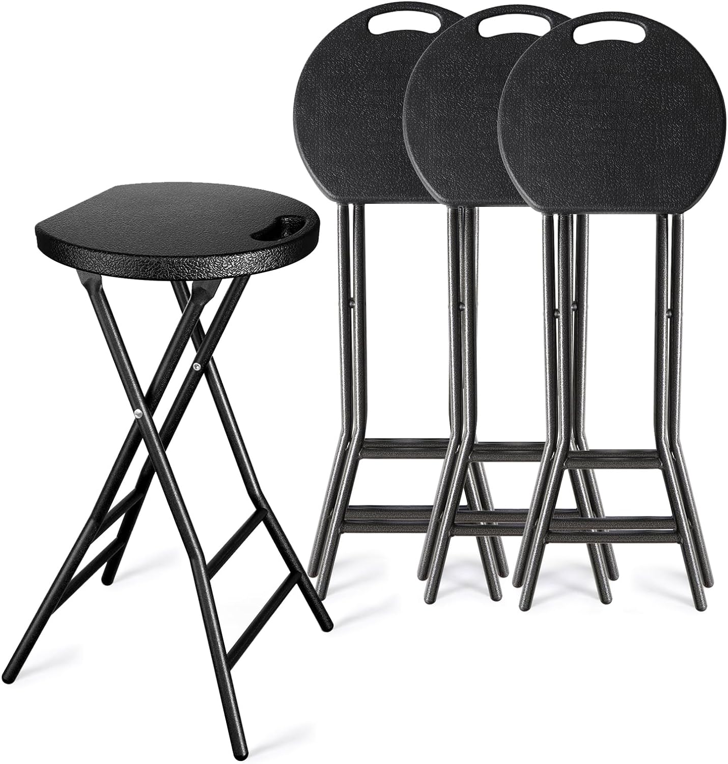 YOMT Folding Stool, 24 Inch Foldable Stool for Adults, Portable Counter Height Bar Stools Indoor Outdoor Use for Kitchen Dorm Camping Fishing Travel, 300lbs Capacity, Black Stool Set of 4