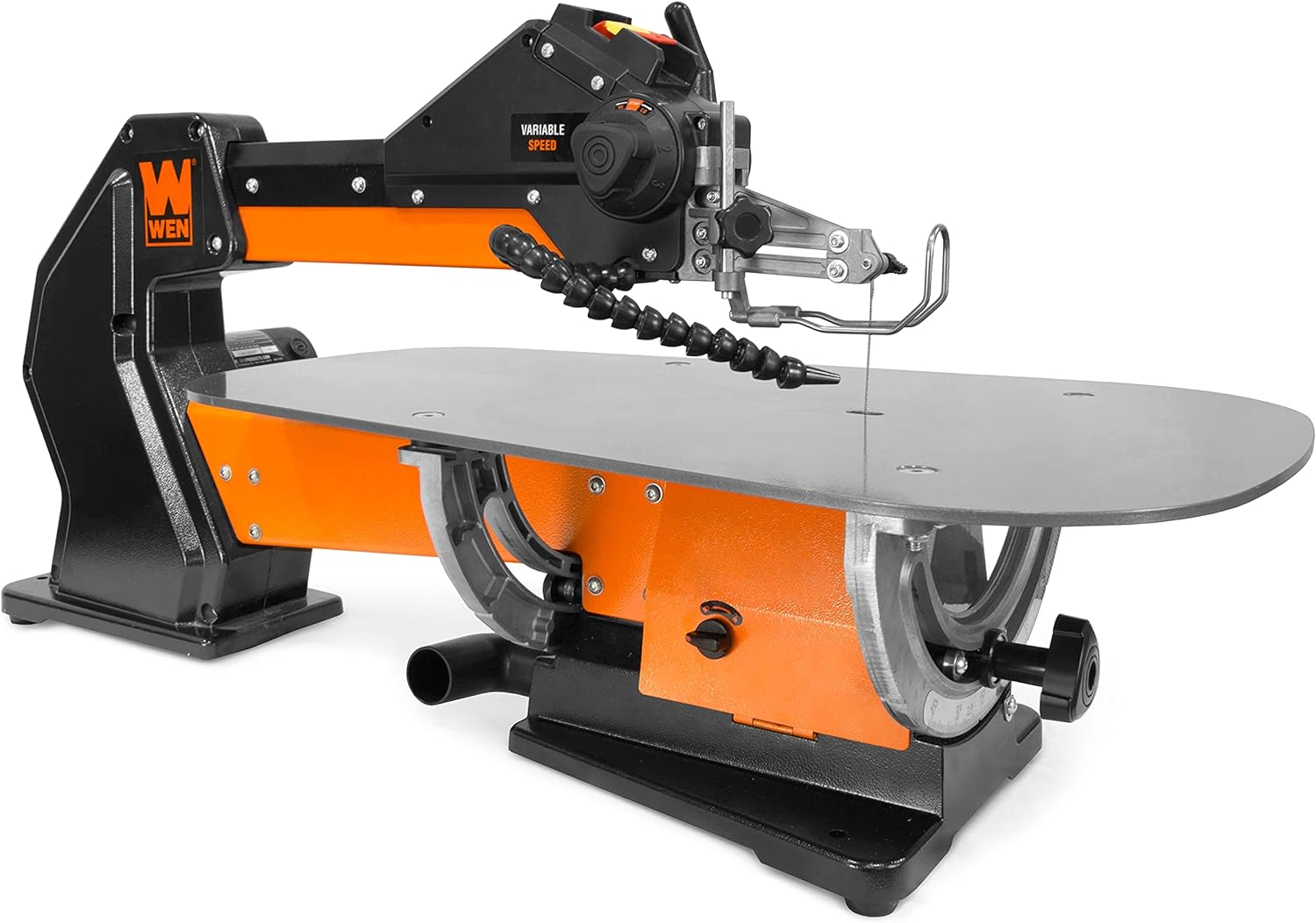 WEN LL2156 21-Inch 1.6-Amp Variable Speed Parallel Arm Scroll Saw with Extra-Large Dual-Bevel Steel Table, Black Orange