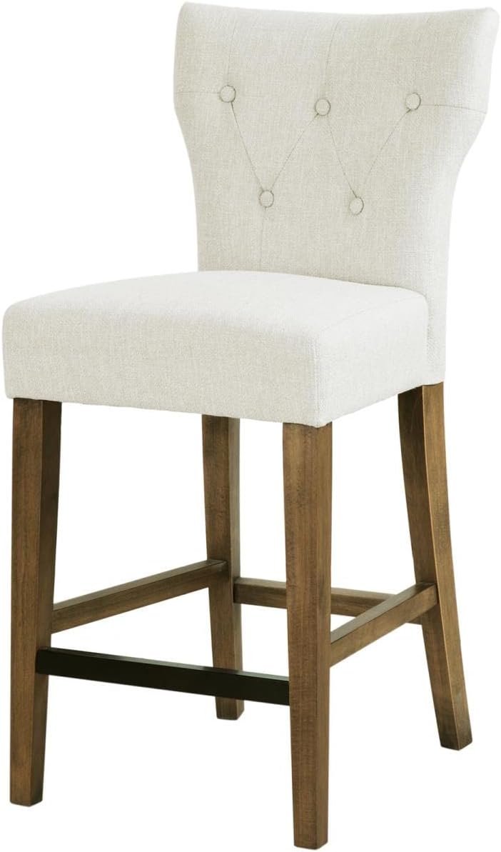 Madison Park Avila 38.25 Counter Height Barstool with Backrest Modern Solid Wood, Metal Kickplate Footrest, Upholstered Foam Seat, Linen Pub Chair, See below below, Cream