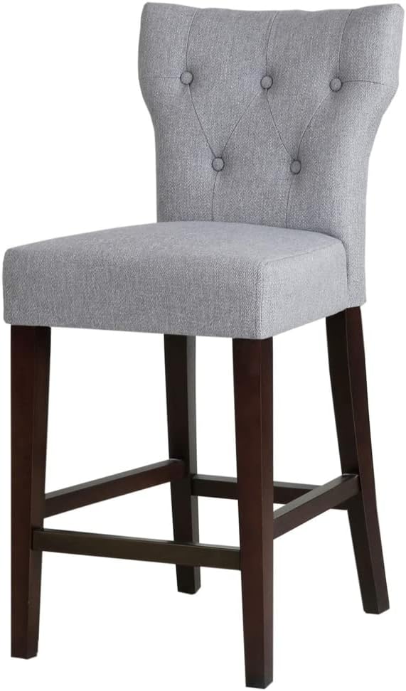 Madison Park Avila Bar Stools - Hardwood, Linen Kitchen Stool - Light Grey, Modern Classic Style Bar Height Stools - 1 Piece Button Tufted Bar Furniture For Home