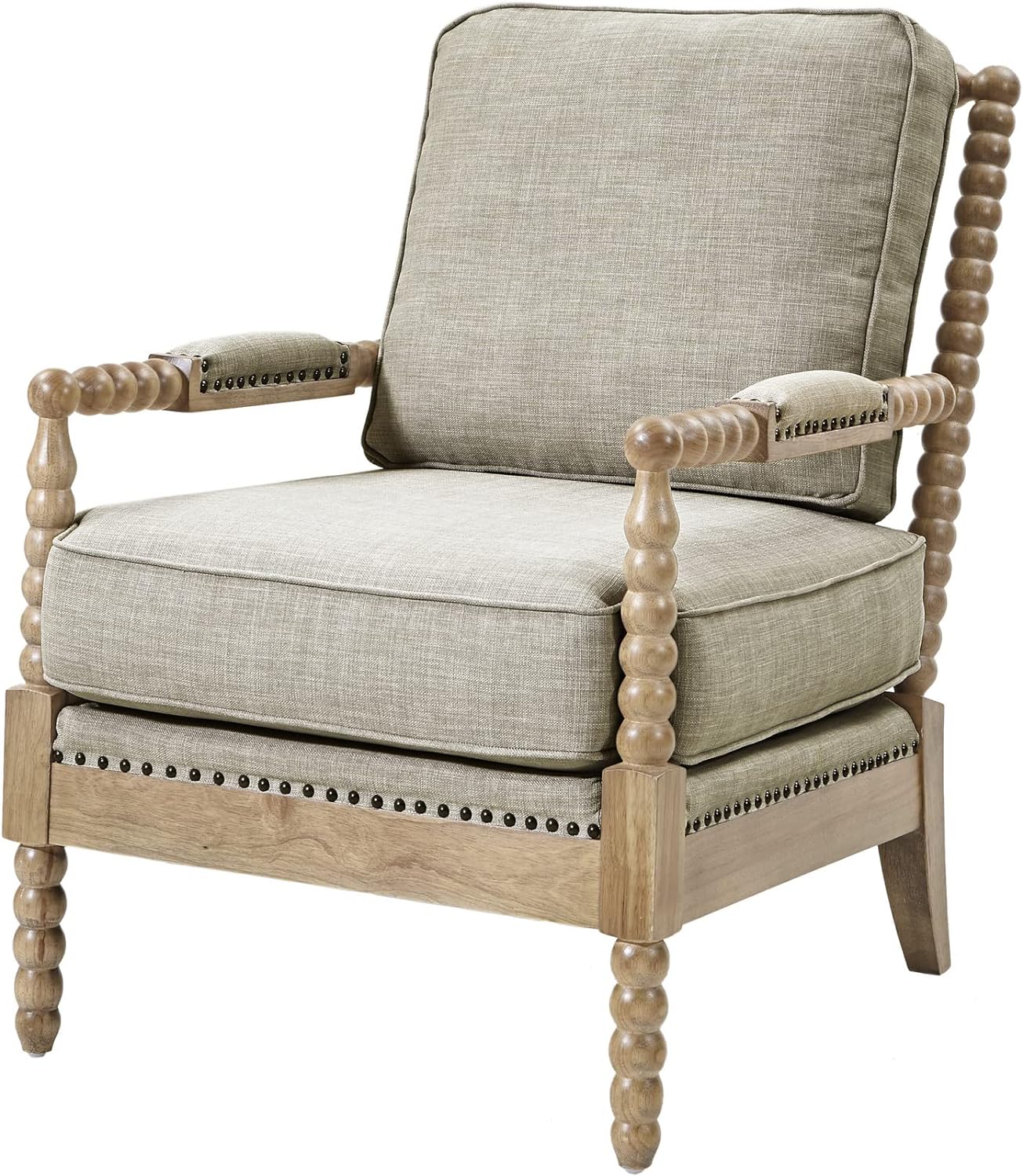 Madison Park Donohue Mid-Century Modern Accent Chairs for Living Room with Nailhead Trim, Solid Wood, Oakwood Finish, Upholstered Seat, Lounge for Reading Bedroom Furniture, Light Grey