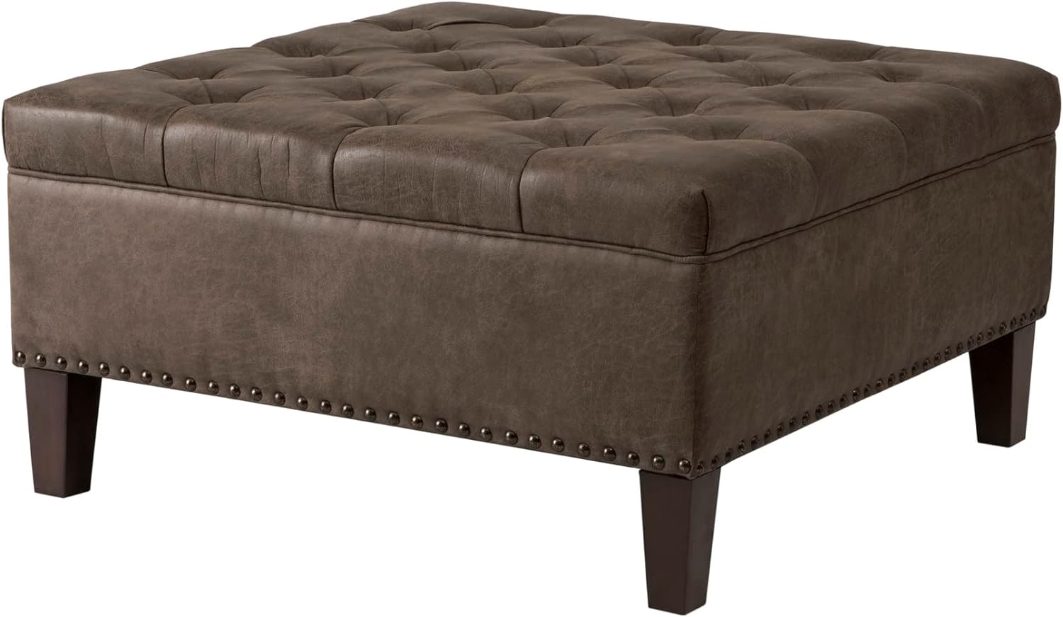 Madison Park Lindsey Cocktail Ottoman - Square Tufted, Faux Leather Coffee Table for Living-Room, Modern All Foam Thick Padded, Solid Wood Legs, Large Bench Corner Seating Bedroom Lounger, 18.5H