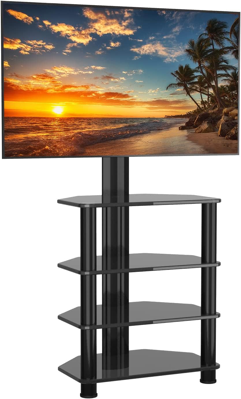 YOMT Floor TV Stand with 4 Tier Media Stand Audio Video Rack Tower for Entertainment Stereo Component, Tall TV Stand with Swivel Mount for 32-70 inch TV, Perfect for Corner and Small Spaces