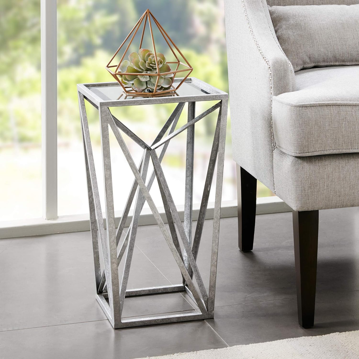 Madison Park Zee Accent Tables For Living Room, Glass Top Hollow, Small Metal Frame Geometric Angular Design Luxe Modern Stylish Nightstand Bedroom Furniture, Silver