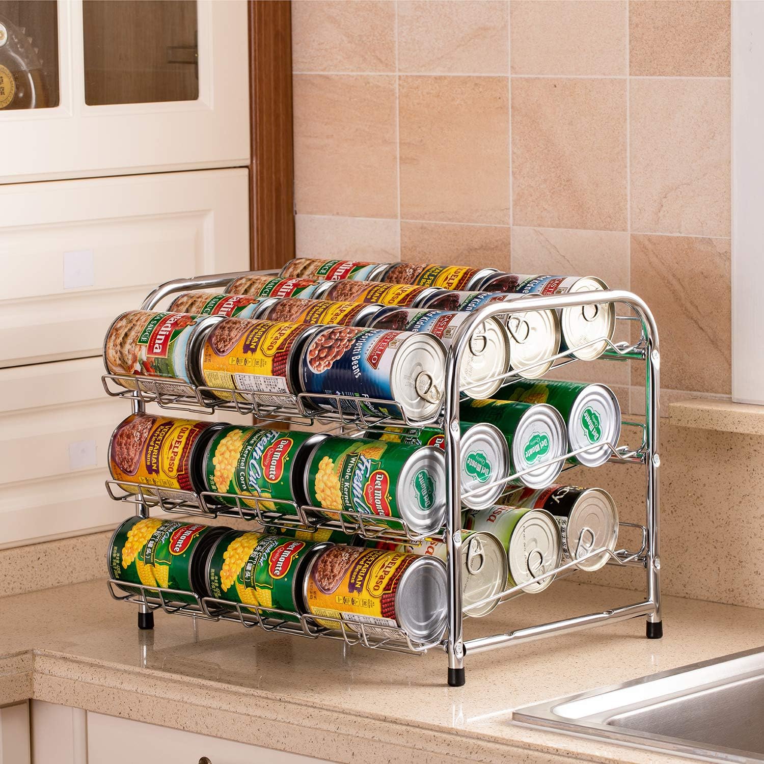 FlagShip Pantry Food Can Rack Organizer, 3-Tier Stackable Soup Vegetable Canned Food Dispenser Organizers Storage, Pantry Can Food Holders Metal (36 Cans Chrome)