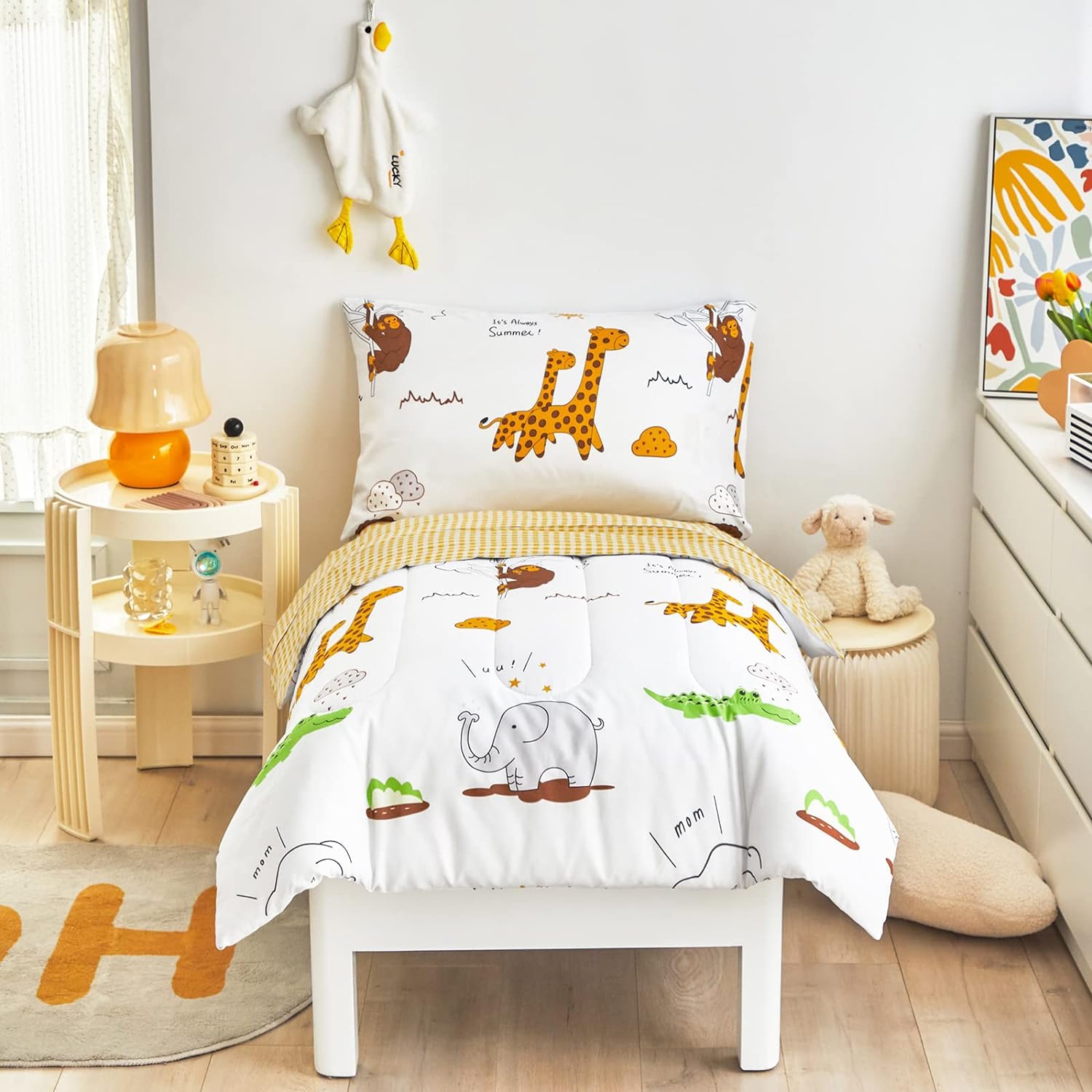 Flysheep 4 Piece White Toddler Bedding Set for Baby Girls and Boys, Cute Animals Printed - Includes Quilted Comforter, Flat Sheet, Fitted Sheet & Pillow Case, Soft Microfiber