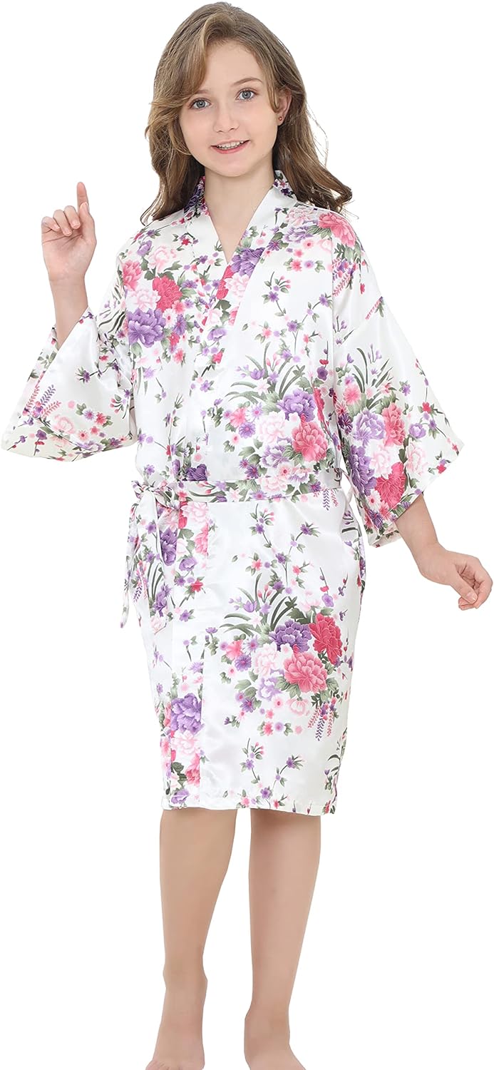 EPLAZA Kids Girls Floral Satin Robe for Birthday Spa Bridal Party Flower Girls Wedding Robes Kimono