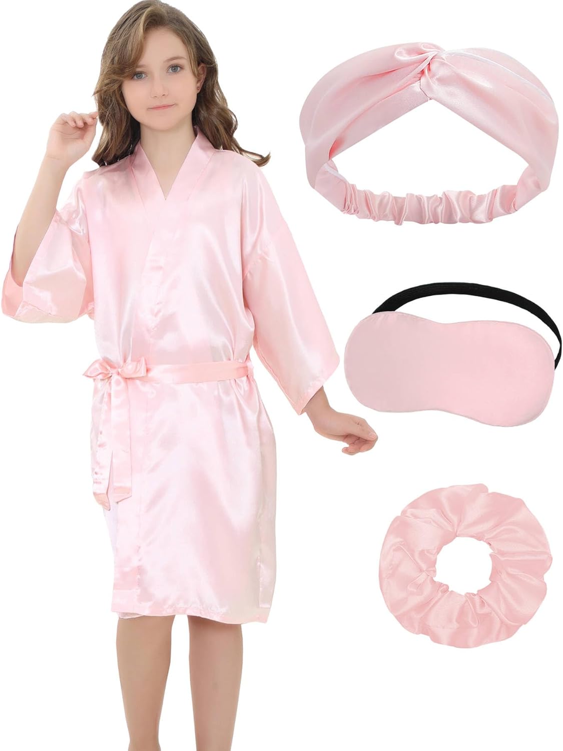 EPLAZA Kids Girls Satin Robe with Hair Band Eye Mask for Birthday Spa Bridal Party Flower Girls Wedding Robes Kimono