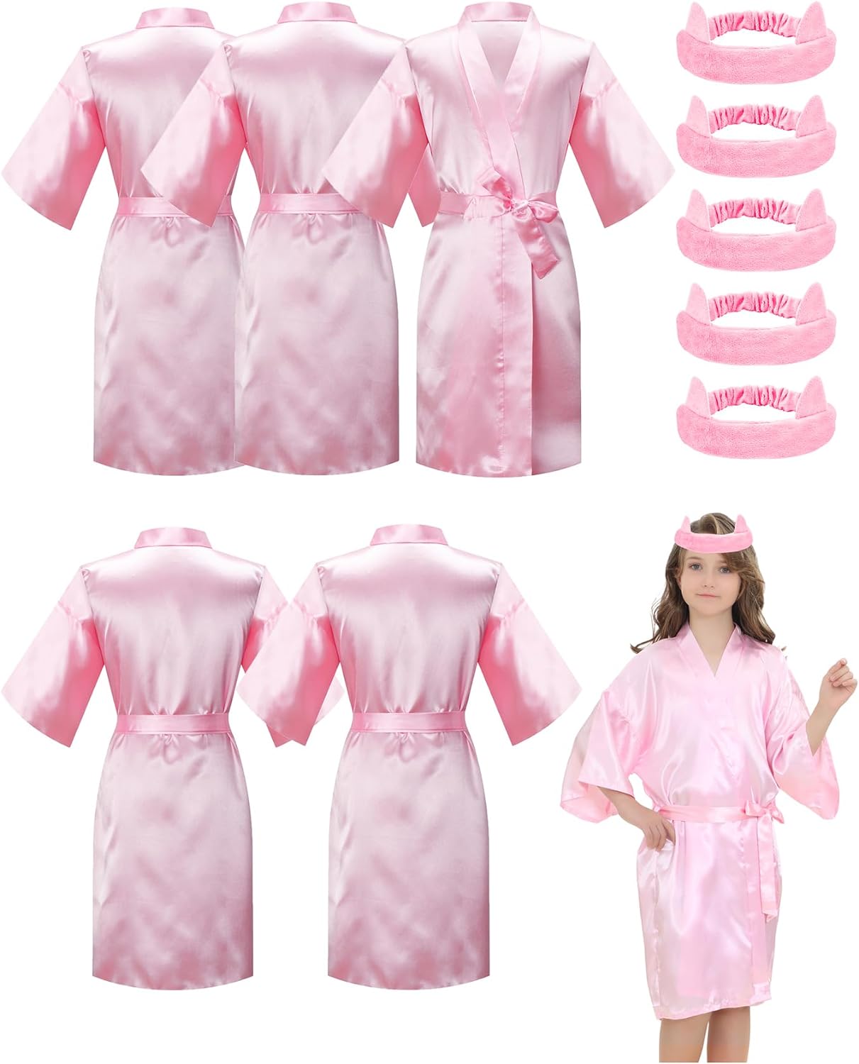 EPLAZA 10 Pieces Kids Girls Satin Robe and Hair Bands for Birthday Spa Bridal Party Flower Girls Wedding Robes Kimono