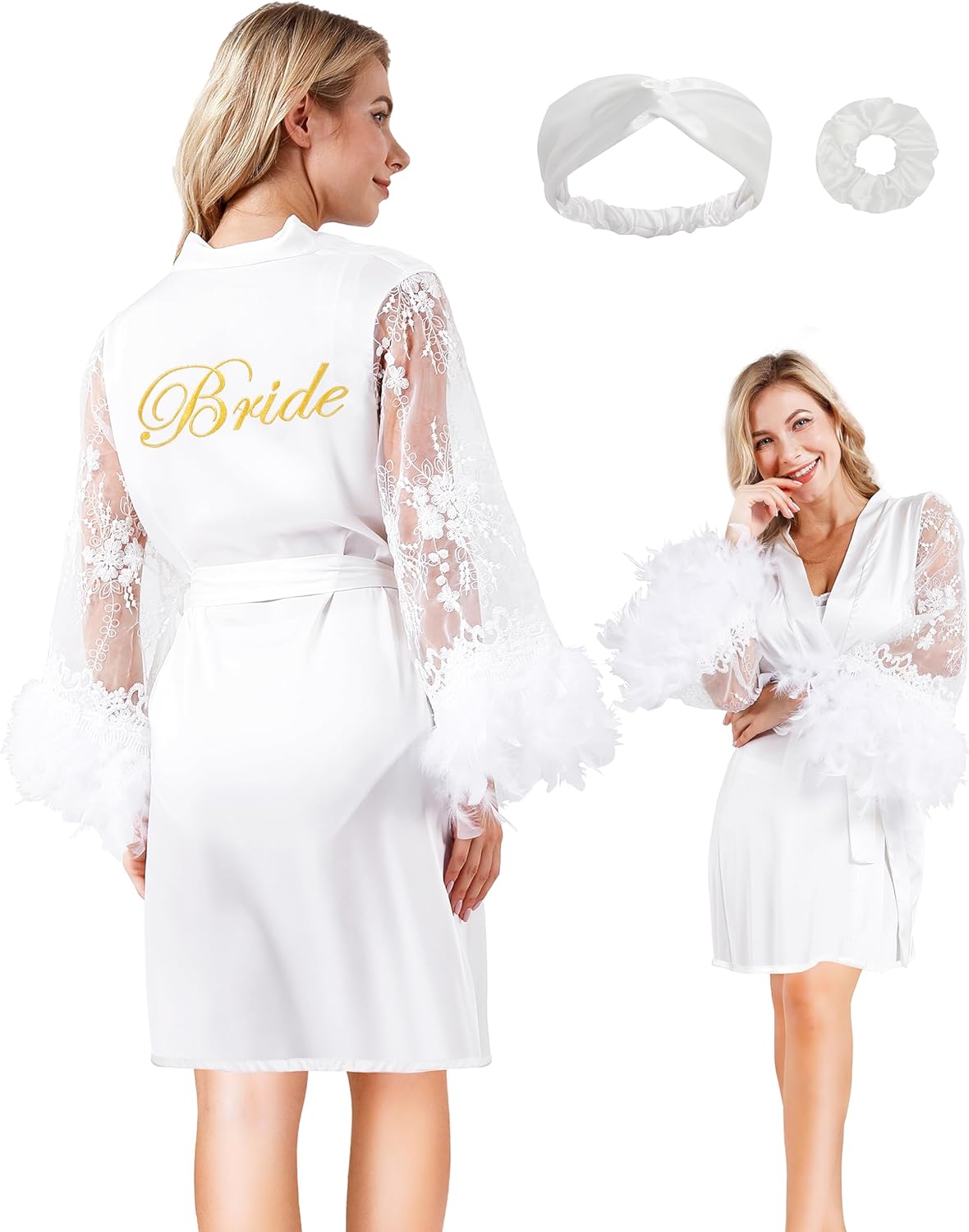 EPLAZA Women Feather Lace Bride Embroidery Robe with Hairband Hair Tie Wedding Bridal Party Satin Kimono Loungewear Sleepwear