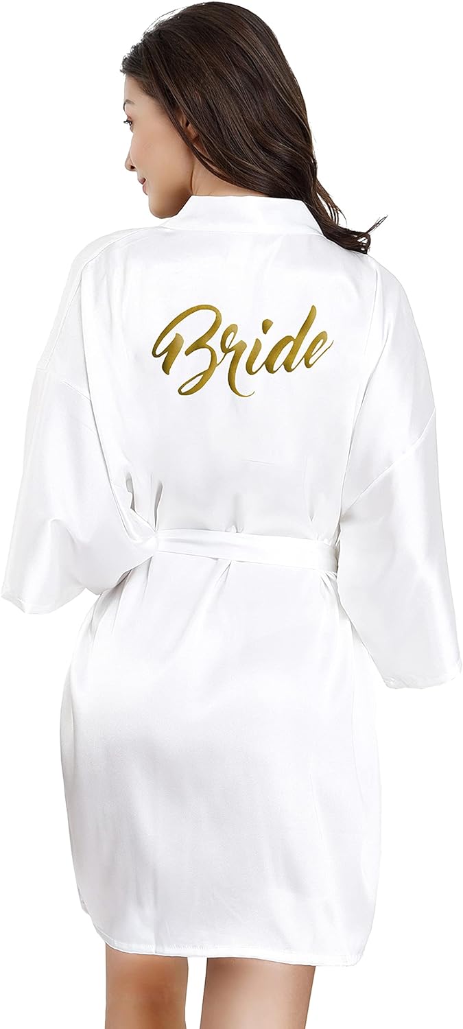 EPLAZA Bride Bridesmaid Robes for Wedding Bridal Party Women Short Solid Color Silky Satin Robe Kimono with Gold Glitters