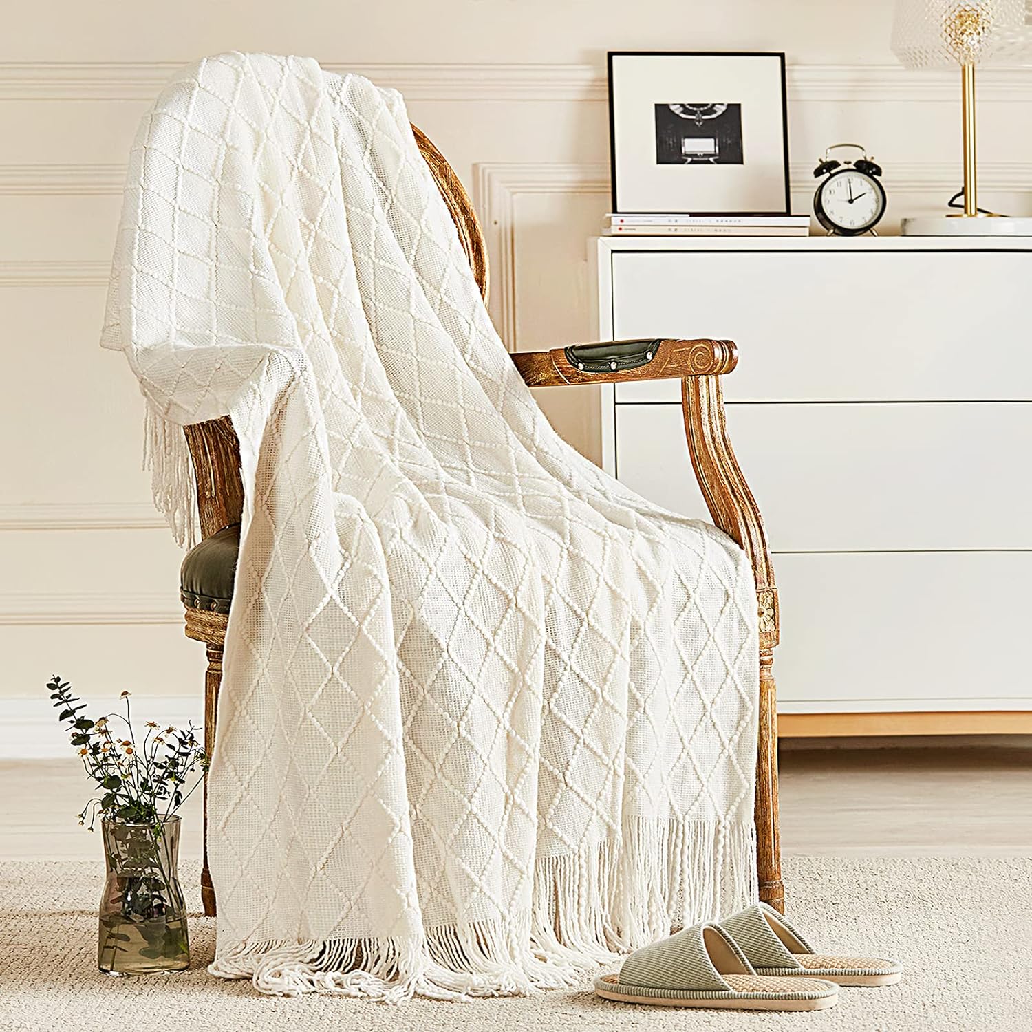 inhand Knitted Throw Blankets for Couch and Bed, Soft Cozy Knit Blanket with Tassel, Off White Lightweight Decorative Blankets and Throws, Farmhouse Warm Woven Blanket for Men and Women, 50x60