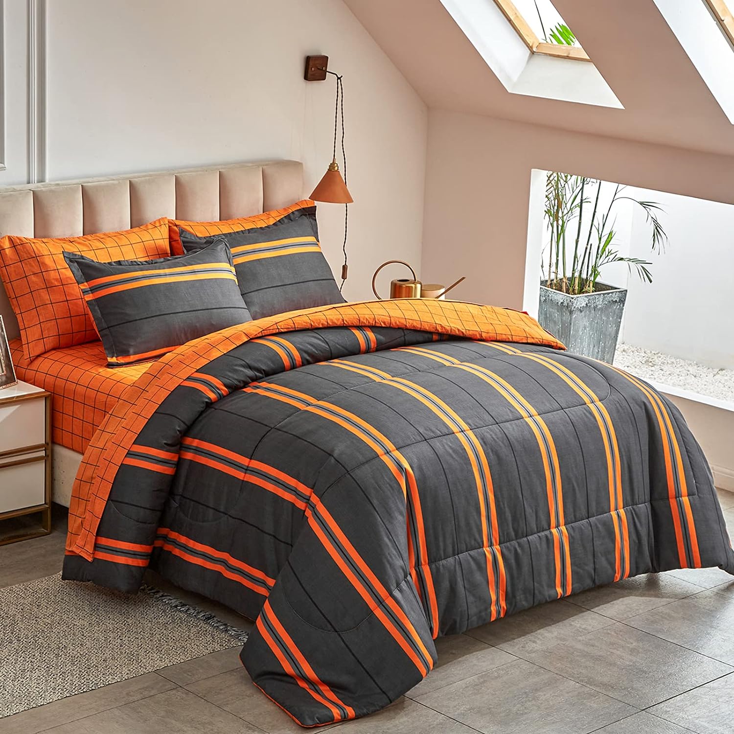 Flysheep Boho Striped Halloween Bed in a Bag 7 Pieces Queen Size, Ombre Bright Orange Stripes on Black Comforter Sheet Set (1 Comforter, 1 Flat Sheet, 1 Fitted Sheet, 2 Pillow Shams, 2 Pillowcases)