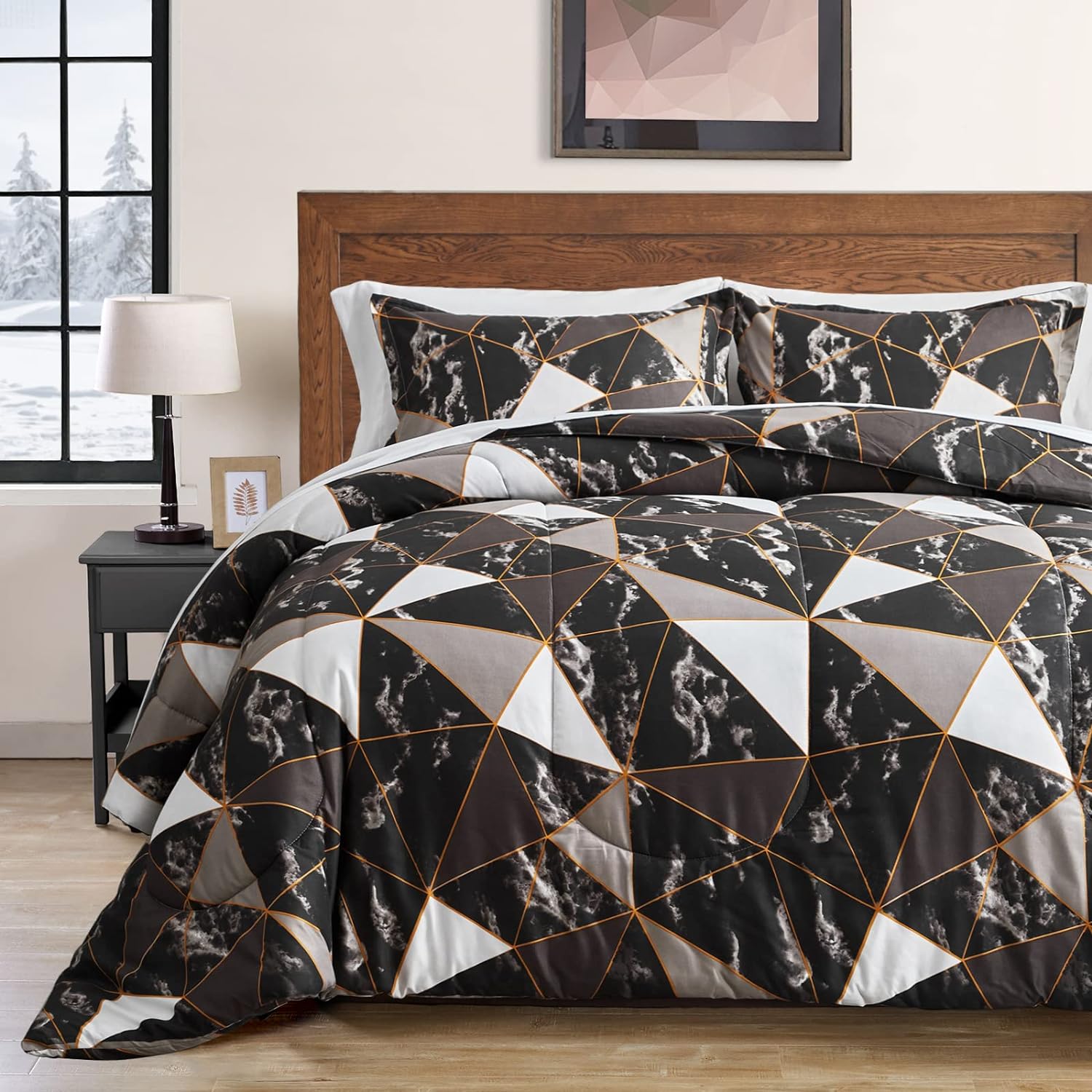 Flysheep Modern Marble Bed in a Bag 7-Pieces Queen for Women, Gray Black and White Triangles Printed Comforter Sheet Set (1 Comforter, 1 Flat Sheet, 1 Fitted Sheet, 2 Pillow Shams, 2 Pillowcases)