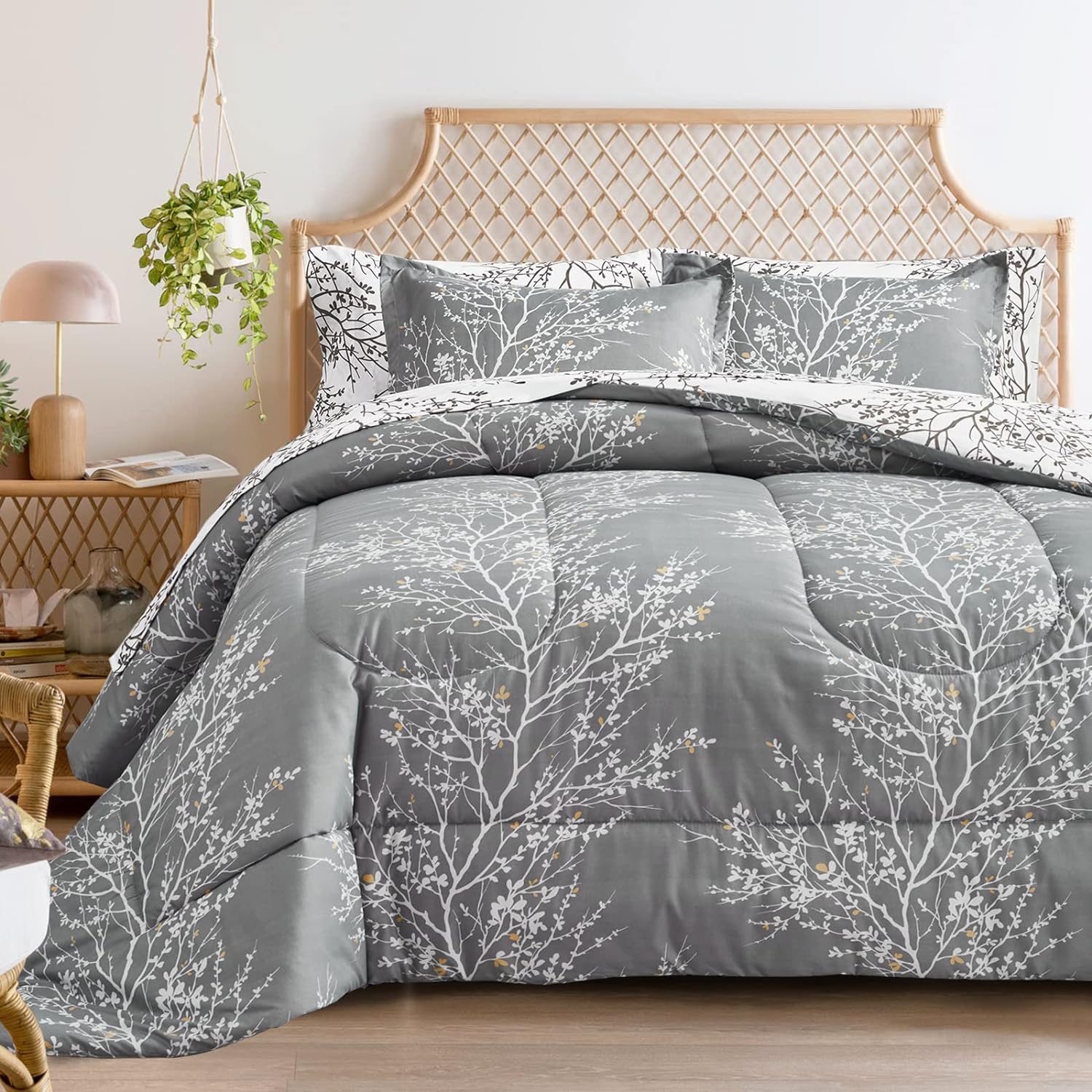 Flysheep Gray Botanical Bed in a Bag 7 Pieces Queen Size, Branch with Yellow Flower Printed Bed Comforter Set for All Season(1 Comforter, 1 Flat Sheet, 1 Fitted Sheet, 2 Pillow Shams, 2 Pillowcases)