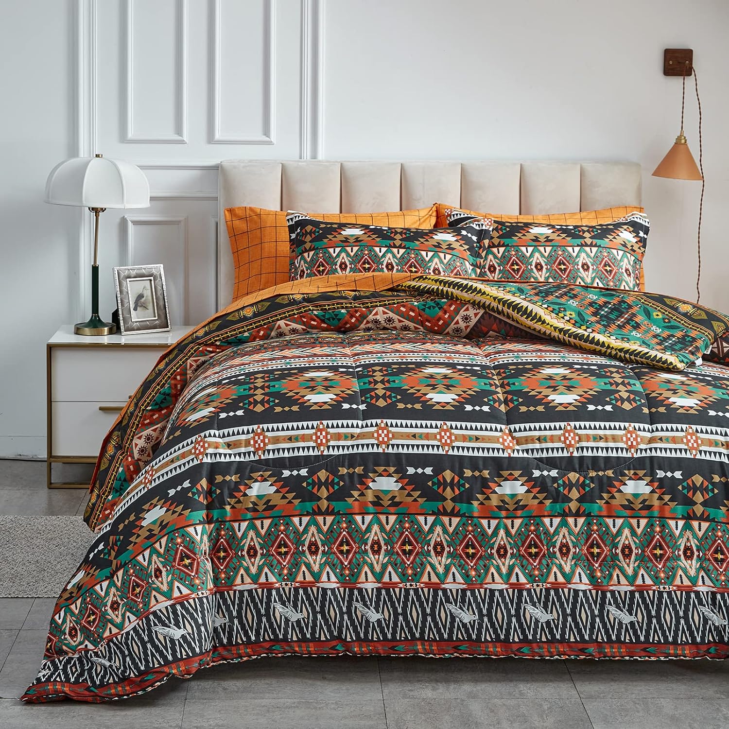 Flysheep 7 Pieces Boho Bed in a Bag Queen Size, Southwestern Bohemian Tribal Striped Printed, Reversible Bed Comforter Set (1 Comforter, 1 Flat Sheet, 1 Fitted Sheet, 2 Pillow Shams, 2 Pillowcases)