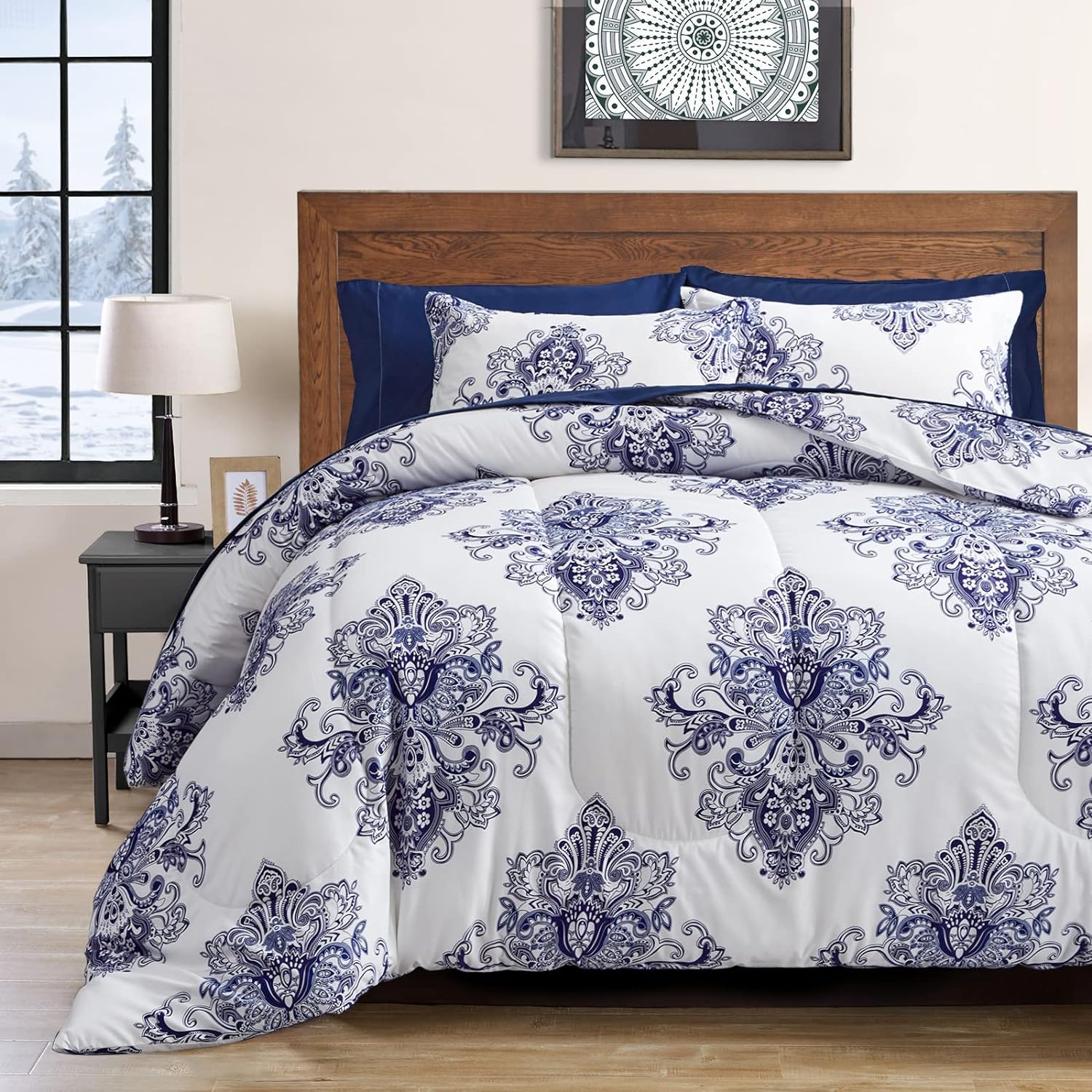 Flysheep Damask Bed in a Bag 7 Pieces Queen Size, Bohemian Blue Geometric on White, Microfiber Comforter Sheet Set (1 Comforter, 1 Flat Sheet, 1 Fitted Sheet, 2 Pillow Shams, 2 Pillowcases)