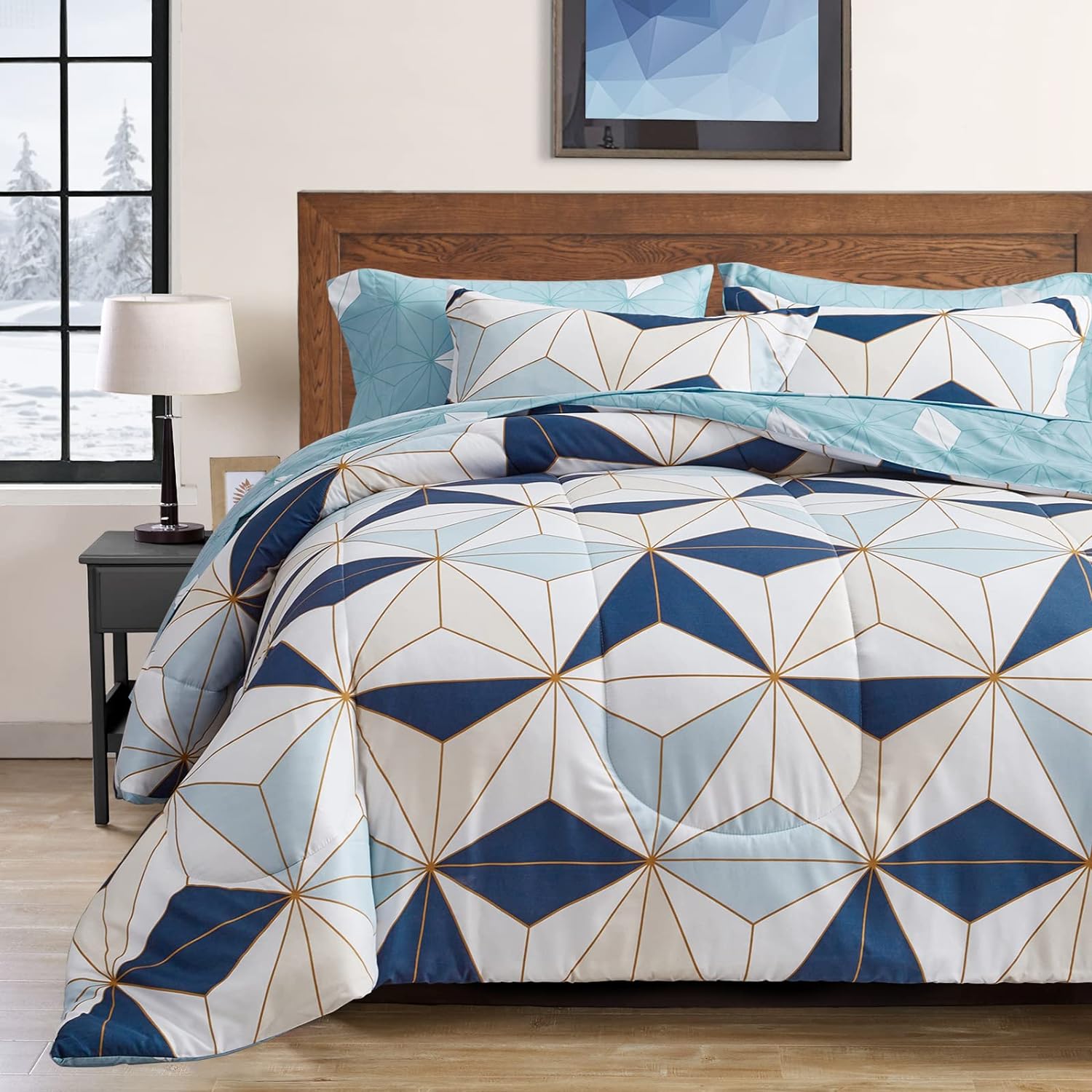 Flysheep Bed in a Bag 7 Pieces Queen Size, Modern Blue Triangles Geometric Style, Microfiber Comforter Sheet Set (1 Comforter, 1 Flat Sheet, 1 Fitted Sheet, 2 Pillow Shams, 2 Pillowcases)