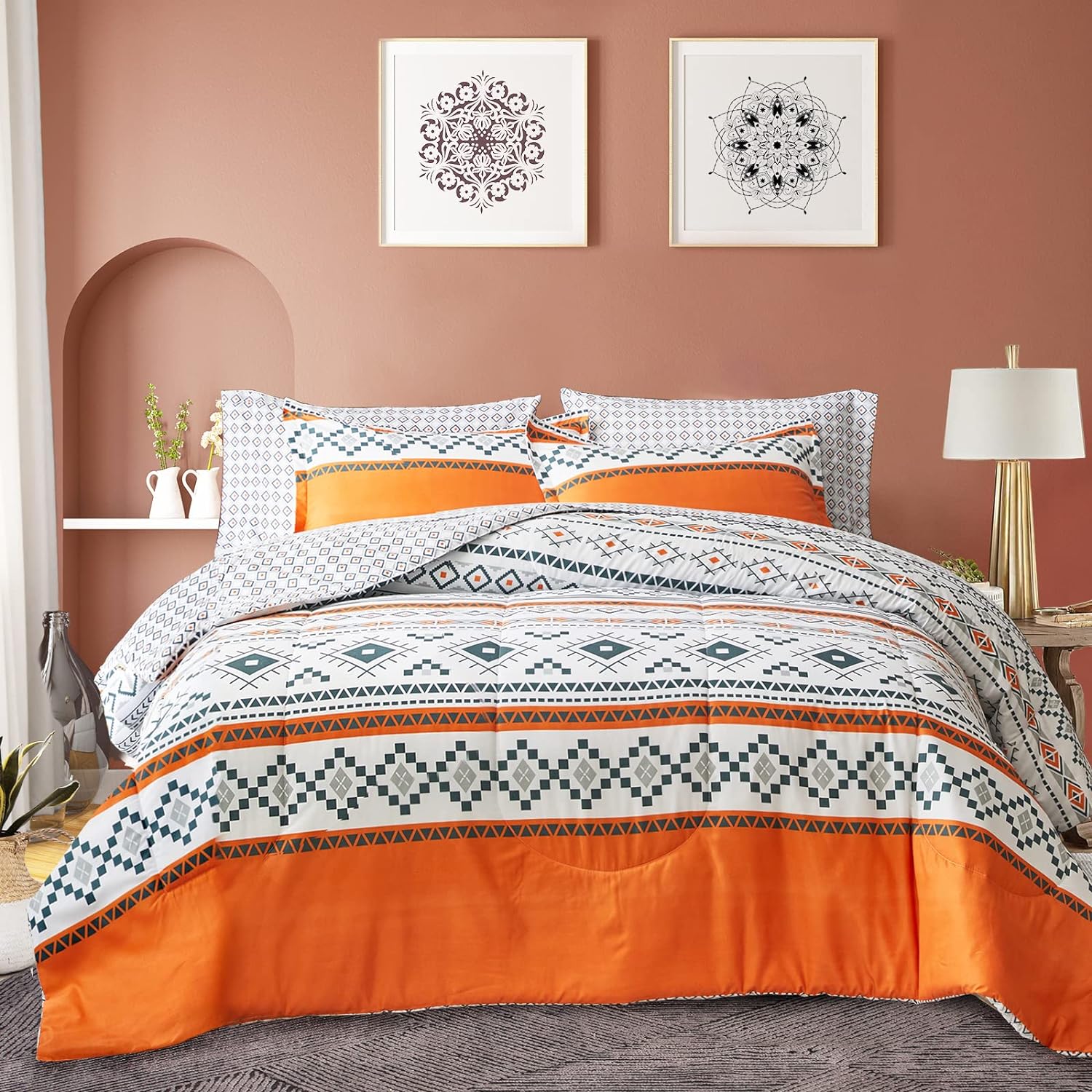 Flysheep Bohemian Halloween Bed in a Bag 7 Pieces Queen Size, Orange White Geometric Pattern Bed Comforter Set for All Season(1 Comforter, 1 Flat Sheet, 1 Fitted Sheet, 2 Pillow Shams, 2 Pillowcases)