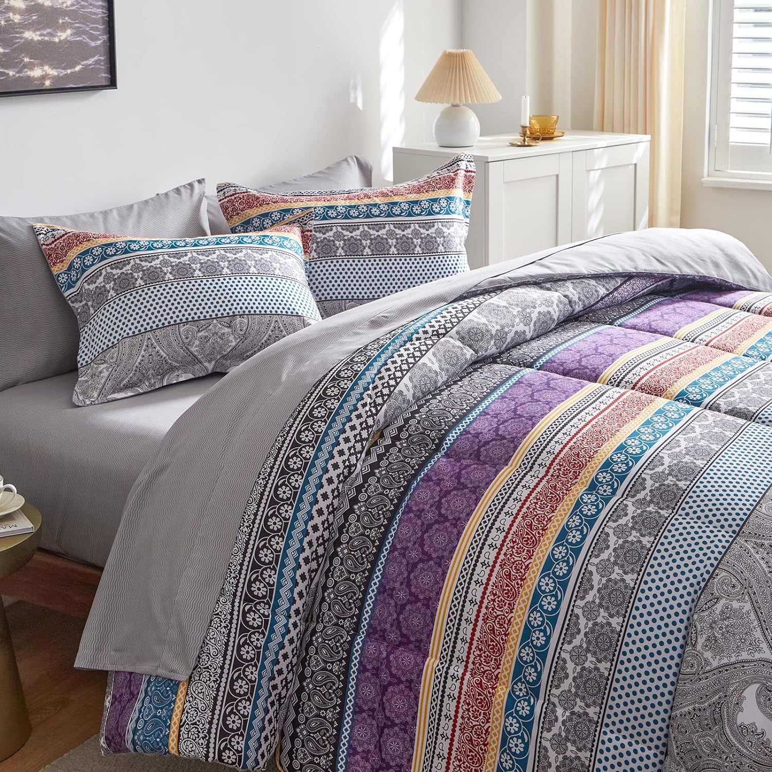 Flysheep Bohemian Bed in a Bag 7 Pieces Queen Size, Colorful Boho Purple Orange Gray Stripes Reversible Bed Comforter Set (1 Comforter, 1 Flat Sheet, 1 Fitted Sheet, 2 Pillow Shams, 2 Pillowcases)