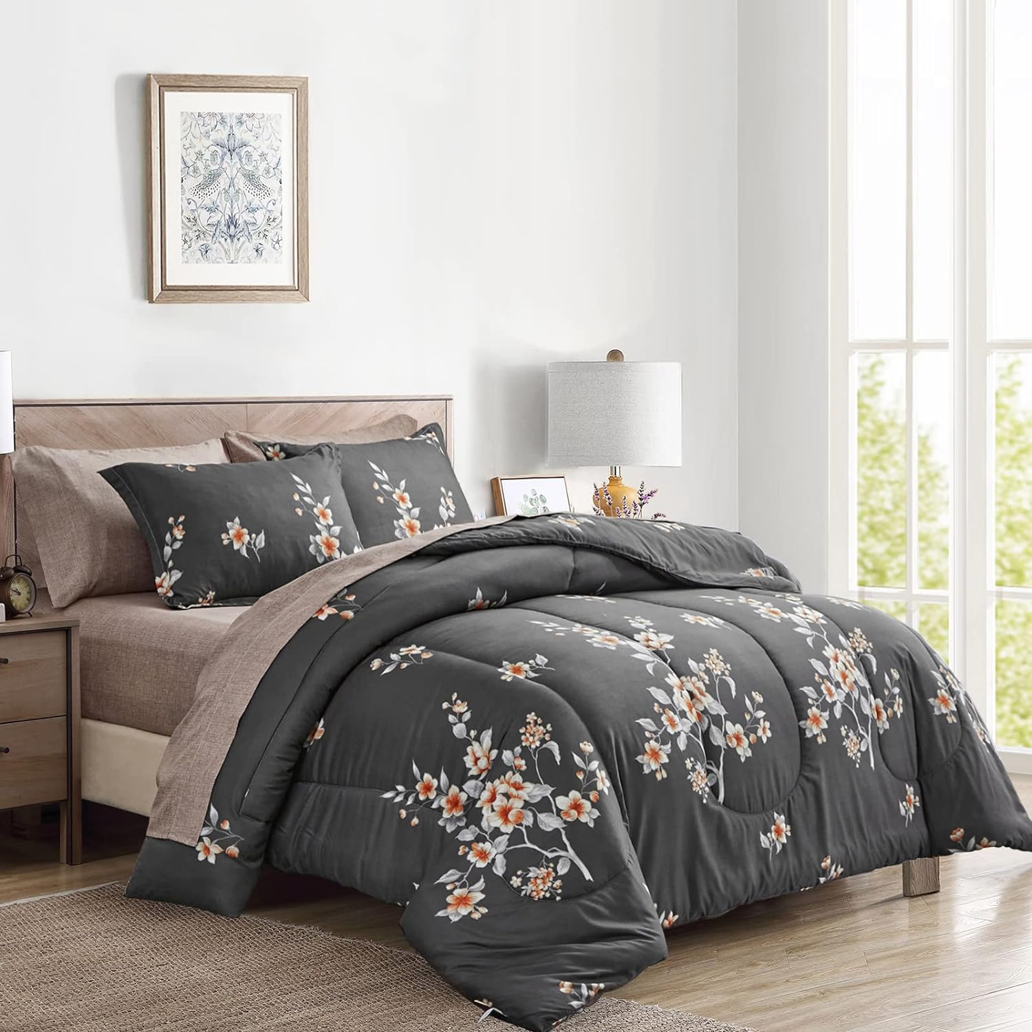 7 Pieces Bed in a Bag Queen Comforter Set with Sheets, Dark Grey Floral Design Soft Microfiber Bedding Sets for All Season (1 Comforter, 2 Pillow Shams, 1 Flat Sheet, 1 Fitted Sheet, 2 Pillowcases)