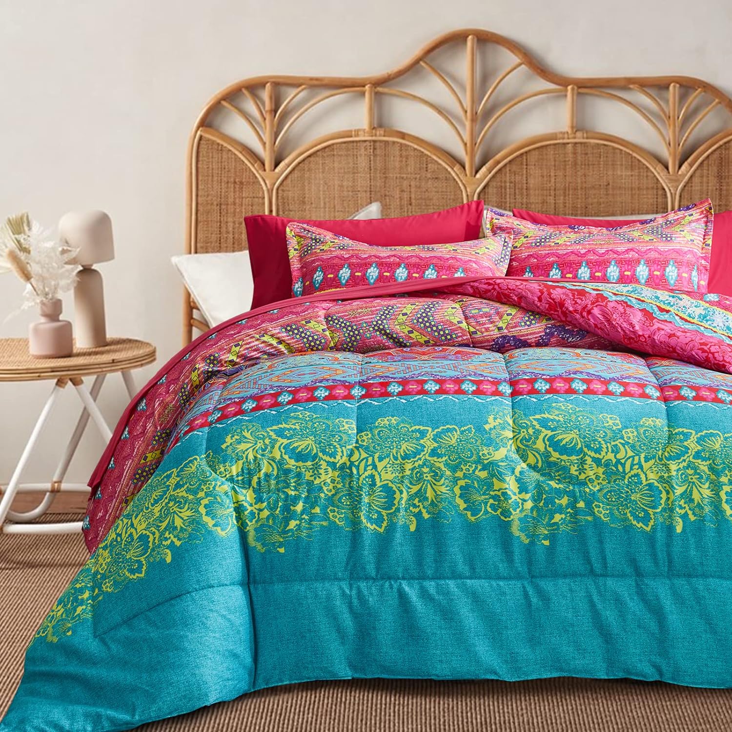 Flysheep Boho Bed in a Bag 7 Pieces Queen Size, Colorful Bohemian Tribal Pink n Blue Floral Printed Reversible Comforter Set (1 Comforter, 1 Flat Sheet, 1 Fitted Sheet, 2 Pillow Shams, 2 Pillowcases)