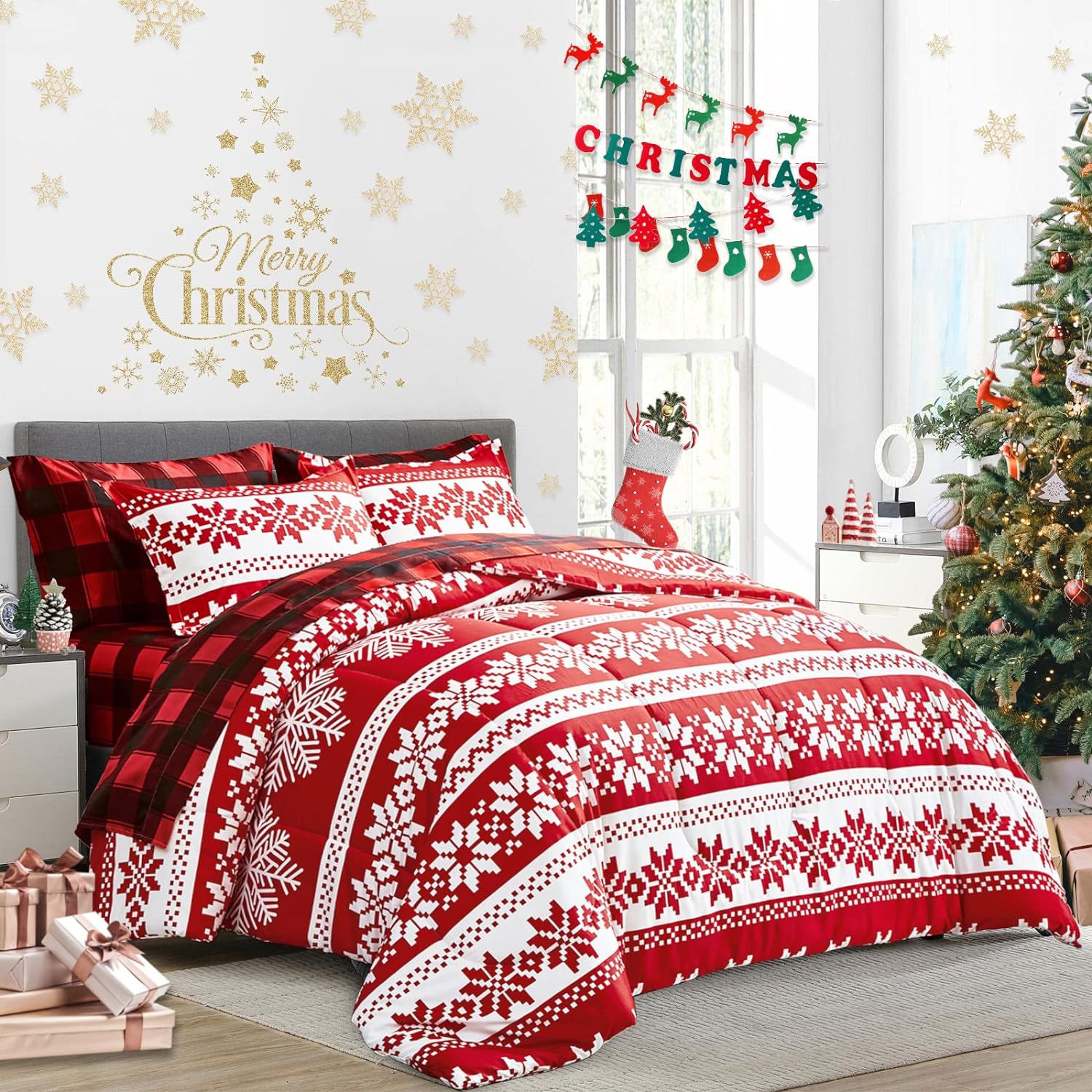 Flysheep Christmas Striped Comforter Set Full Queen Size, Soft Microfiber Holiday Lightweight Bedding - Red & White Snowflake Printed